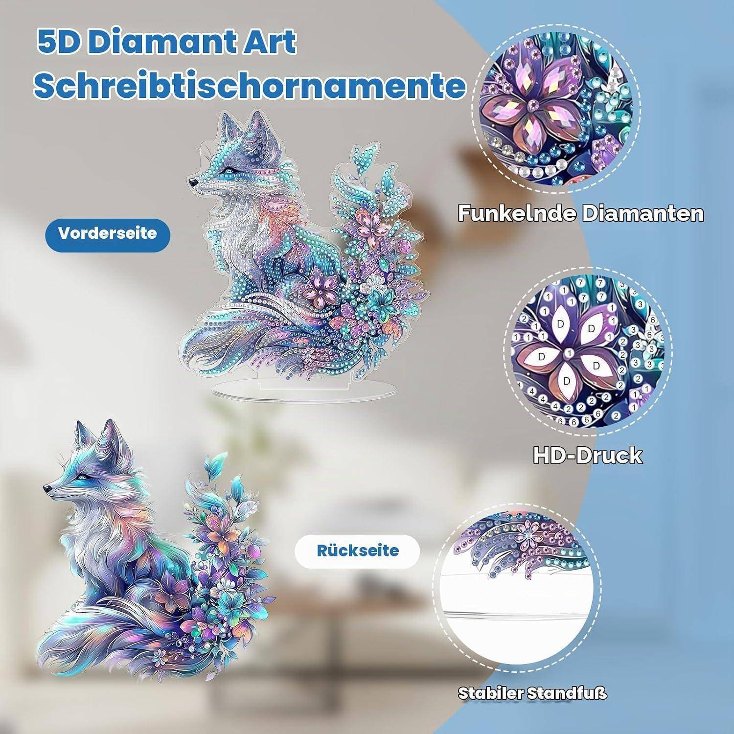 Werbebild einer 5D-Diamantkunst-Wolfsanzeige mit deutschen Beschriftungen, zeigt Vorder- und Rückansichten sowie Nahaufnahmen von funkelnden Diamanten, HD-Druck und stabiler Standbasis.