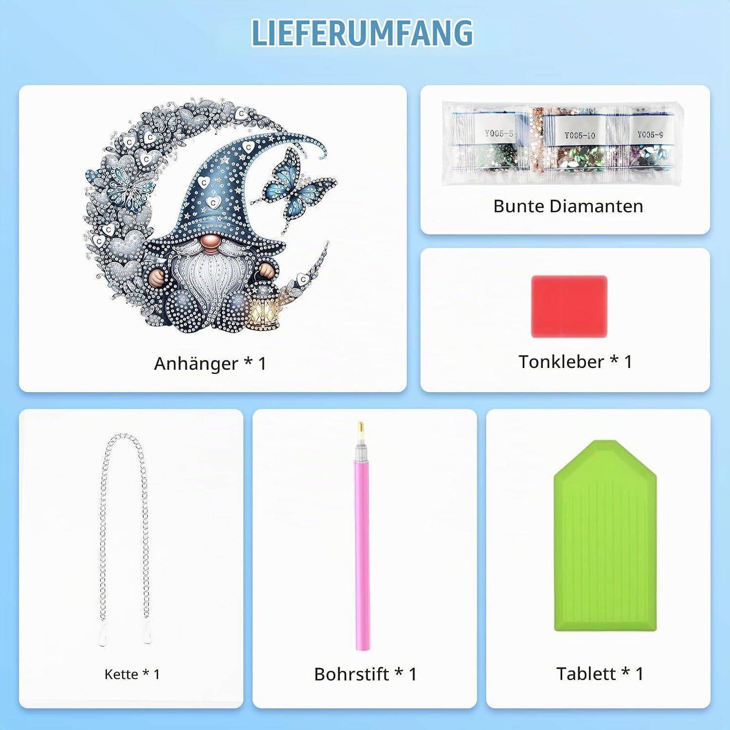 Inhalt des Diamond-Painting-Sets: Mond-und-Schmetterlingsanhänger, farbige Diamanten, rote Ton, Halskettenkette, Bohrerstift und grünes Tablett.