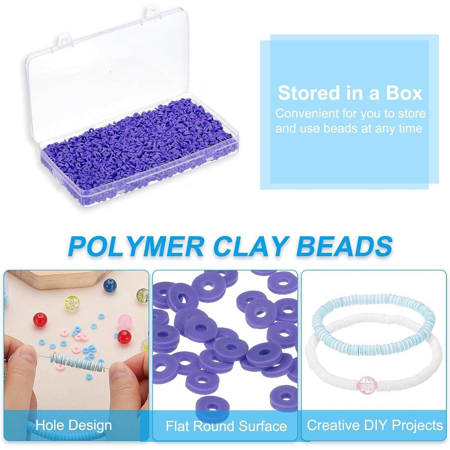 Werbebild von lila Polymer-Ton-Perlen, die in einer durchsichtigen Box gelagert sind, mit den Beschriftungen „In einer Box gelagert