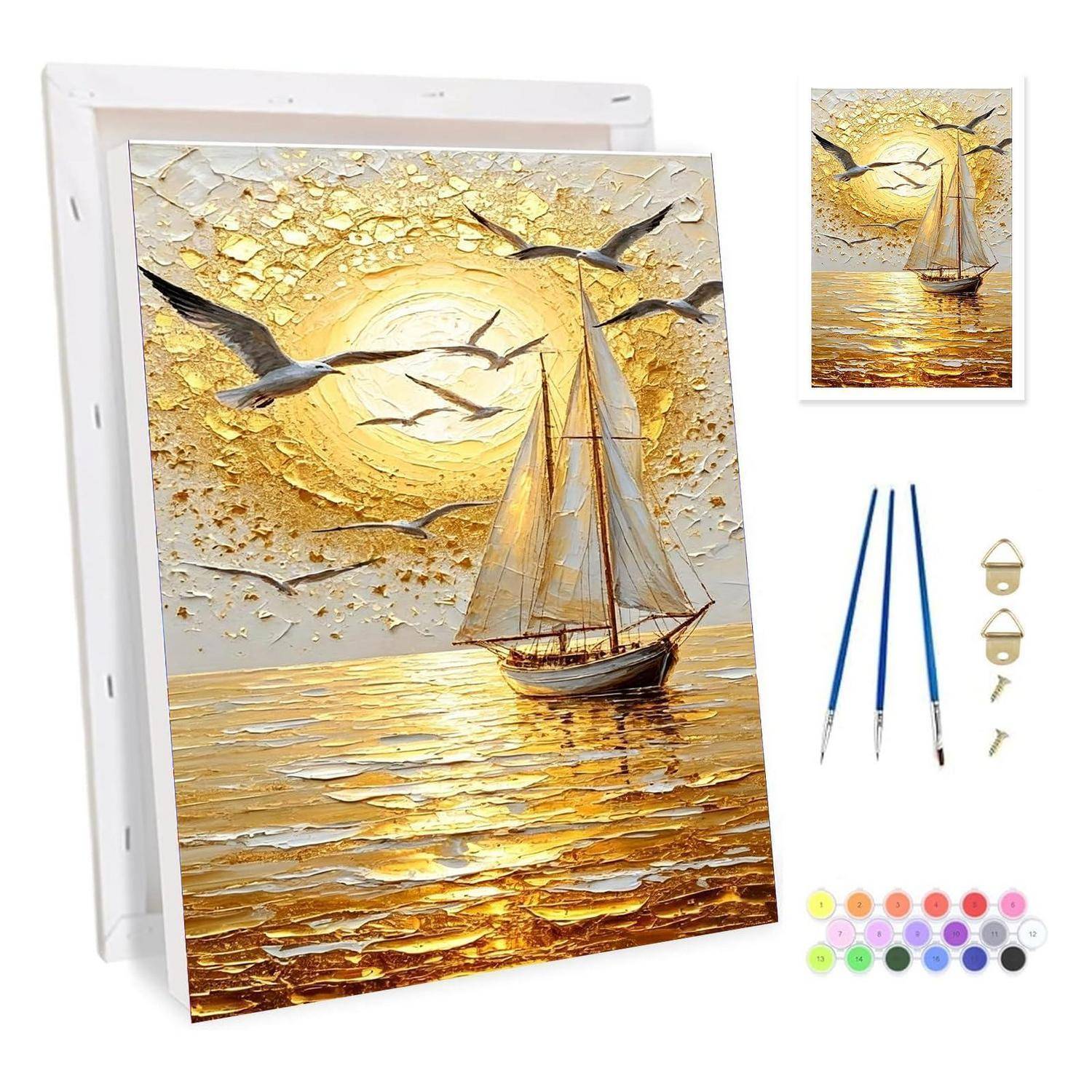 Diamantmalerei-Set mit einem Segelboot auf goldenem Wasser bei Sonnenuntergang mit Vögeln, plus Werkzeuge und farbige Strasssteine im Lieferumfang enthalten.