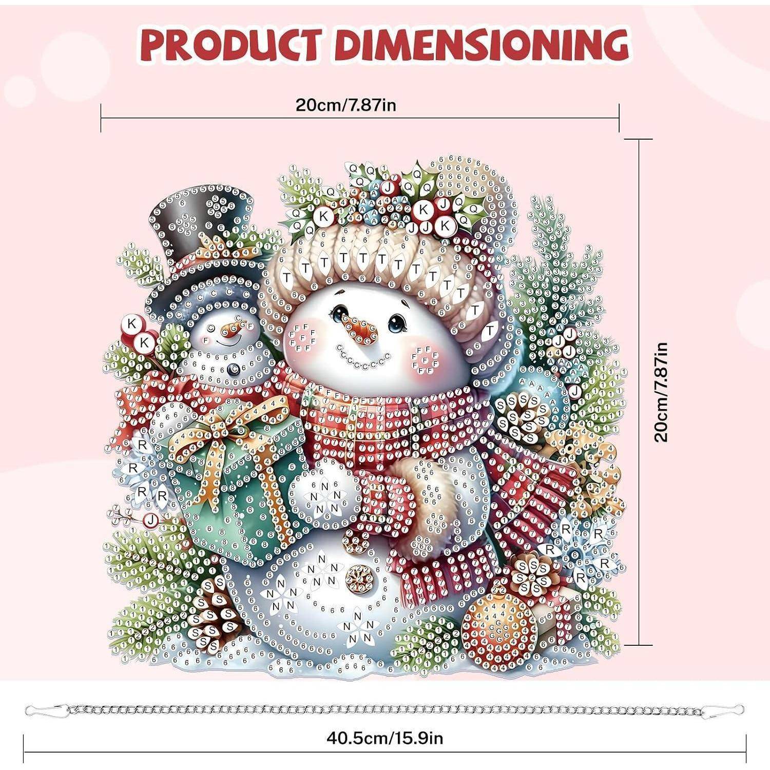 Produktdimensionierungstabelle mit einer Diamantmalerei-Schneemann-Illustration; Kunstwerk misst 20 cm x 20 cm, mit fertiggestellter Kettenlänge 40,5 cm.