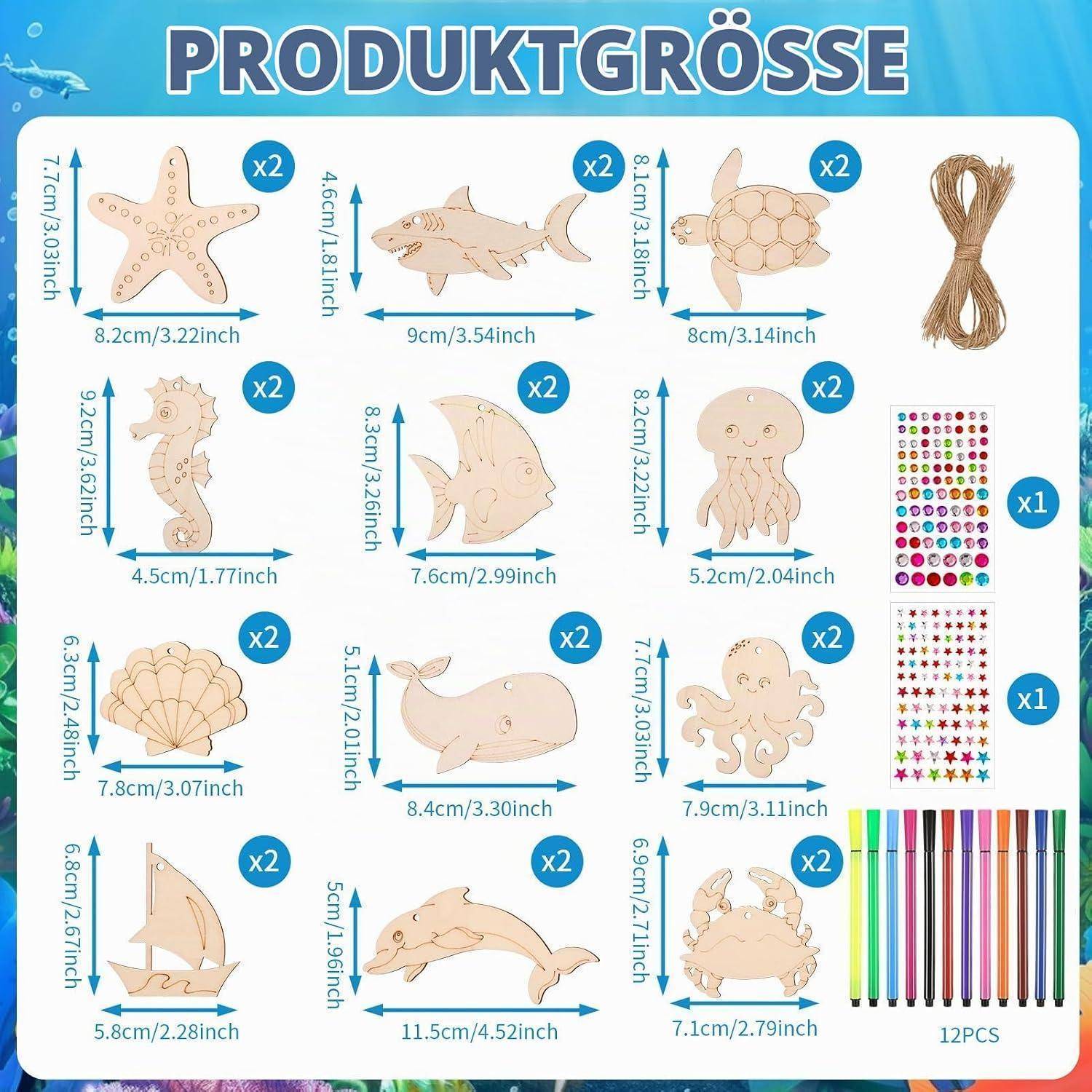 Produktgrößenleitfaden mit 12 Handwerksstücken mit Abmessungen in cm und Zoll, zuzüglich enthaltener Zubehör: Seil, Aufkleberbogen und 12 farbige Stifte.