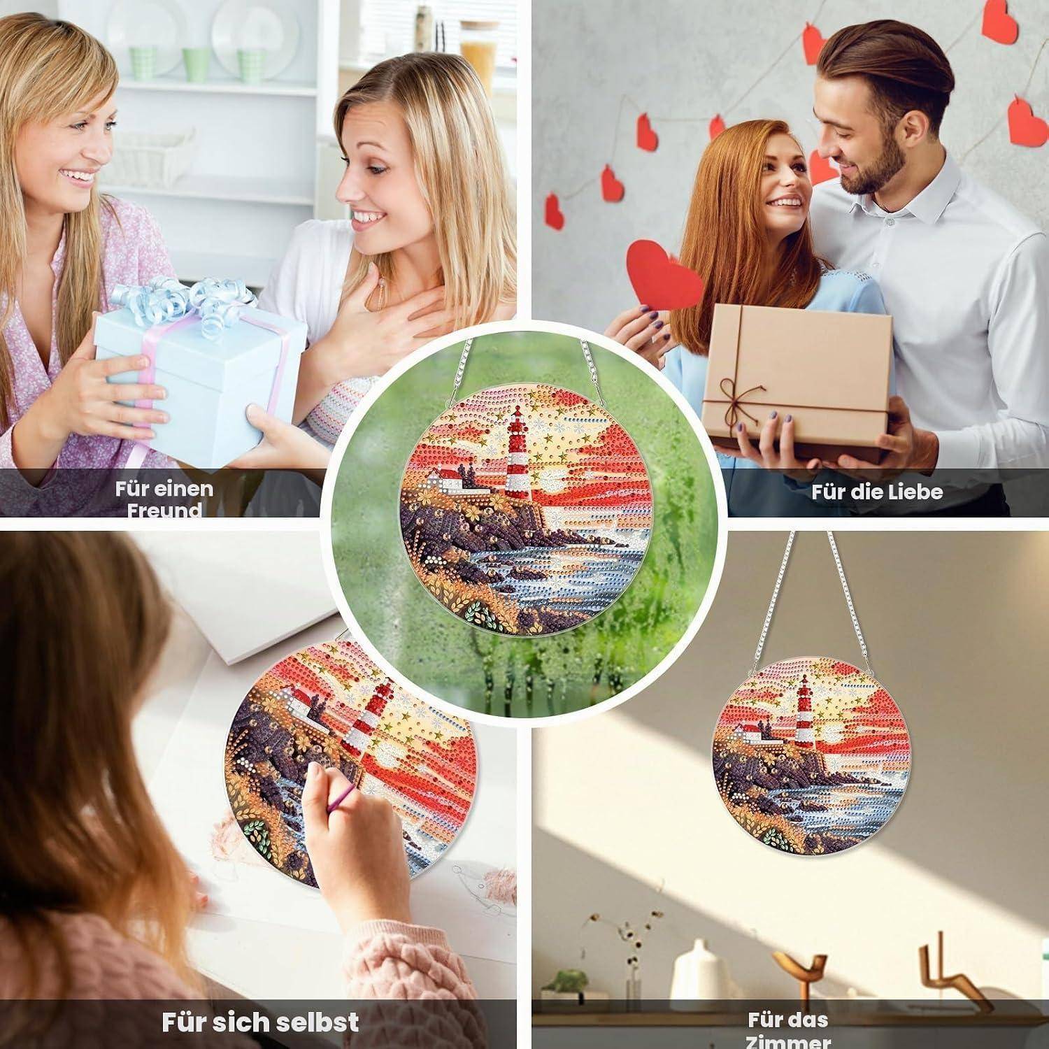 Collage mit anpassbaren kreisförmigen Kunstwerken an einer Wand oder beim Bemalen, mit Geschenkszenen mit deutschen Beschriftungen: „Für einen Freund", „Für die Liebe"", „Für sich selbst"" und „Für das Zimmer"".