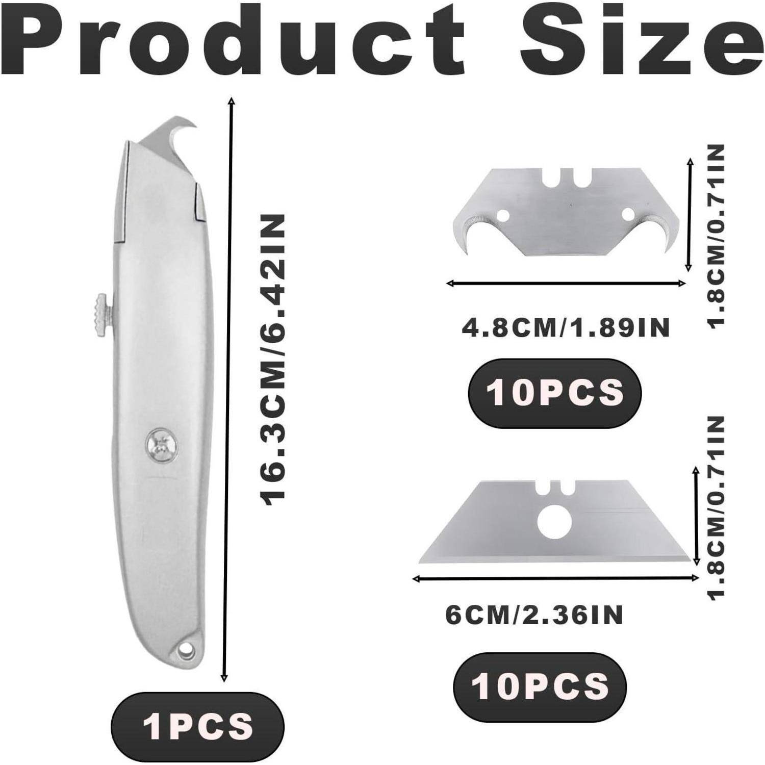 Produktgrößendiagramm mit einem Universalmessgriff in einer Länge von 16,3 cm, plus zwei Klingenstile: 4,8 cm und 6 cm breit, jeweils 1,8 cm hoch, je 10 Stück.