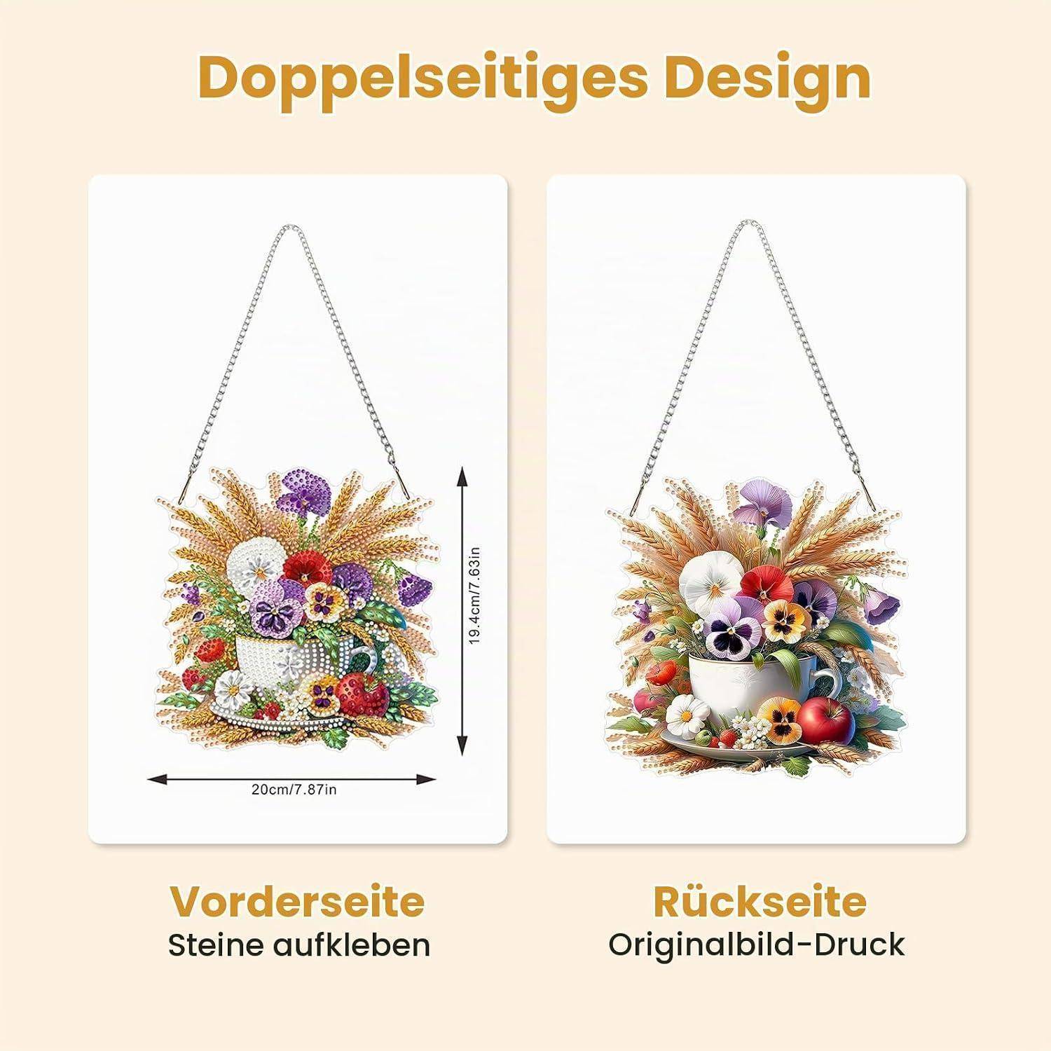Vergleichsgrafik einer beidseitigen hängenden Blumenwanddeko: Die linke Seite zeigt die Vorderseite mit Steinen zum Aufkleben, die rechte Seite zeigt die Rückseite mit dem Original-Bilddrucke.