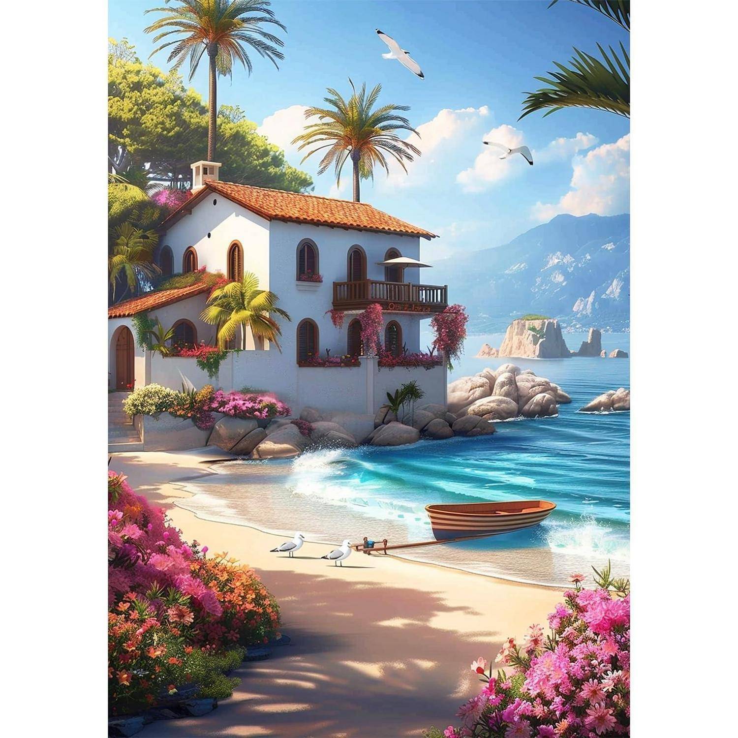 Sonnige Strandvilla mit roten Dachziegeln neben einem Strand, kleines Boot am Ufer, Vögel am Himmel und Felsenküsten in der Ferne.