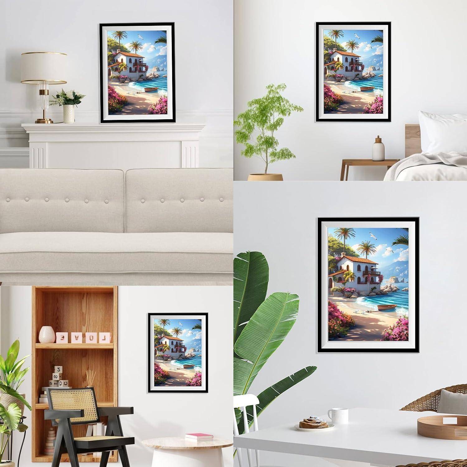 Collage aus einem eingerahmten Gemälde eines tropischen Strandhauses, das in mehreren modernen Innenräumen gezeigt wird, darunter Wohnzimmer, Schlafzimmer und Speisezimmer.