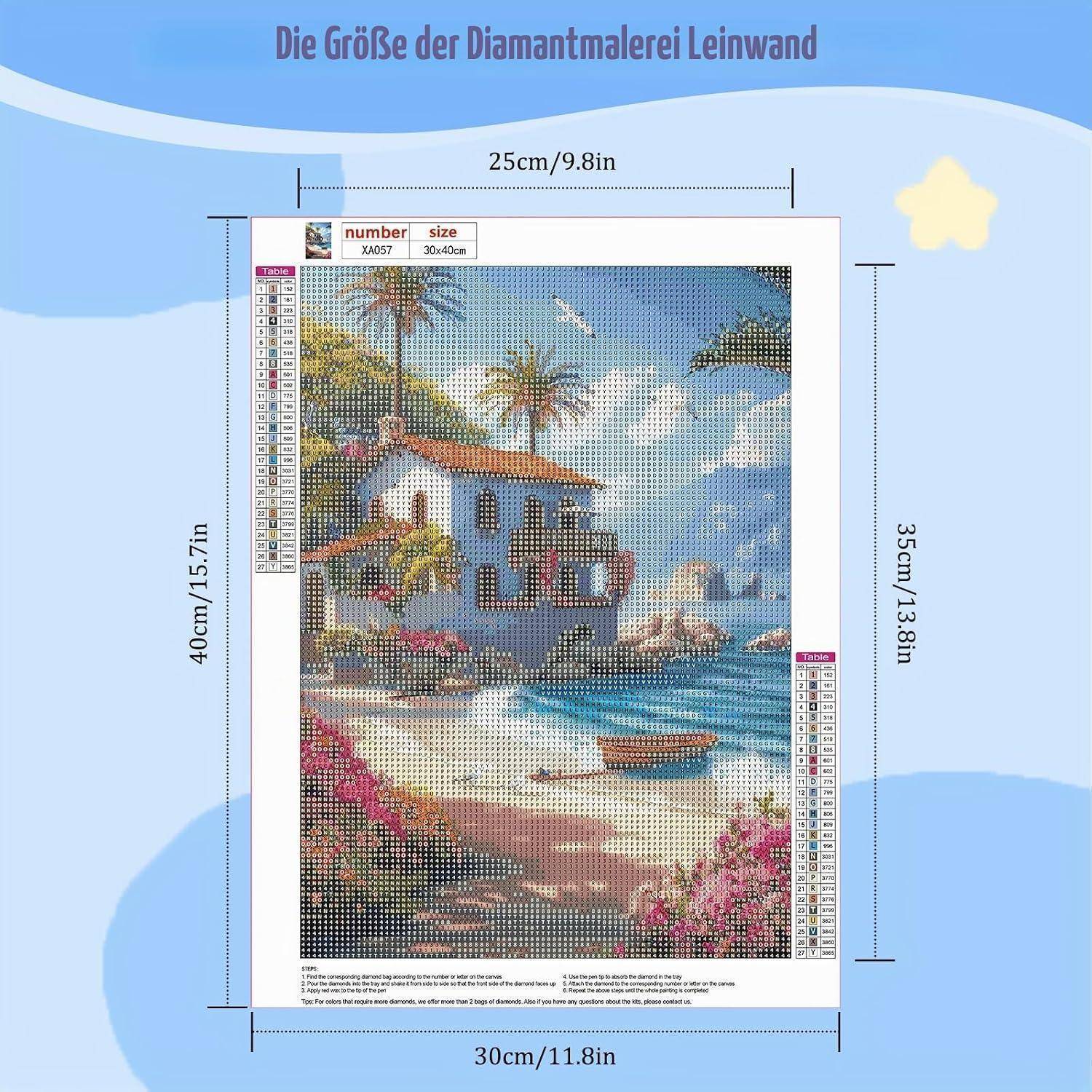Ein Größenleitfaden für eine Diamantmalerei-Leinwand zeigt das Kunstwerk und die Abmessungen: 25 cm breit, 35 cm hoch, mit einer Gesamtrahmengröße von 30 cm x 40 cm.