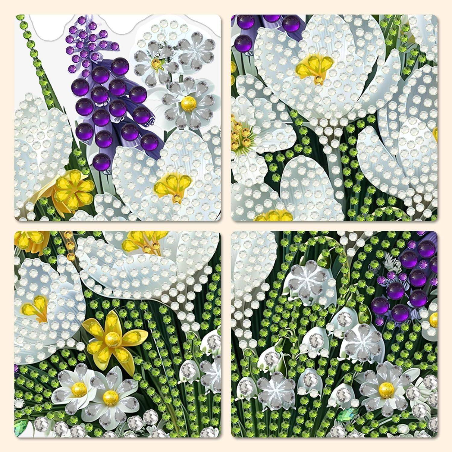 Vierteiliges Blumenmosaik aus weißen, gelben und violetten Blumen mit grünen Stielen auf strukturiertem gepunktetetem Hintergrund.