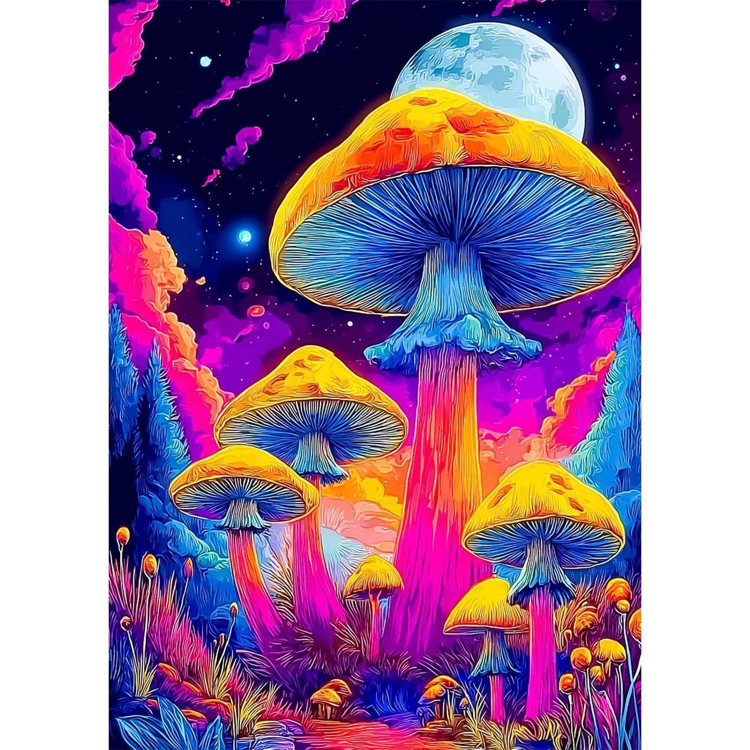 Lebendige Fantasy-Landschaft mit riesigen Neon-Pilzen, die unter einem mondbeschienenen, sternenklaren Himmel leuchten.