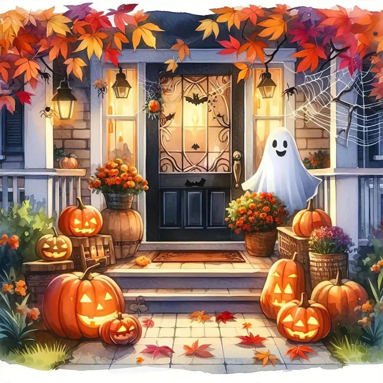 Halloween-dekorierte Veranda mit geschnitzten Kürbissen, Herbstblättern, leuchtenden Laternen und einer Geistdekoration neben der Haustür.