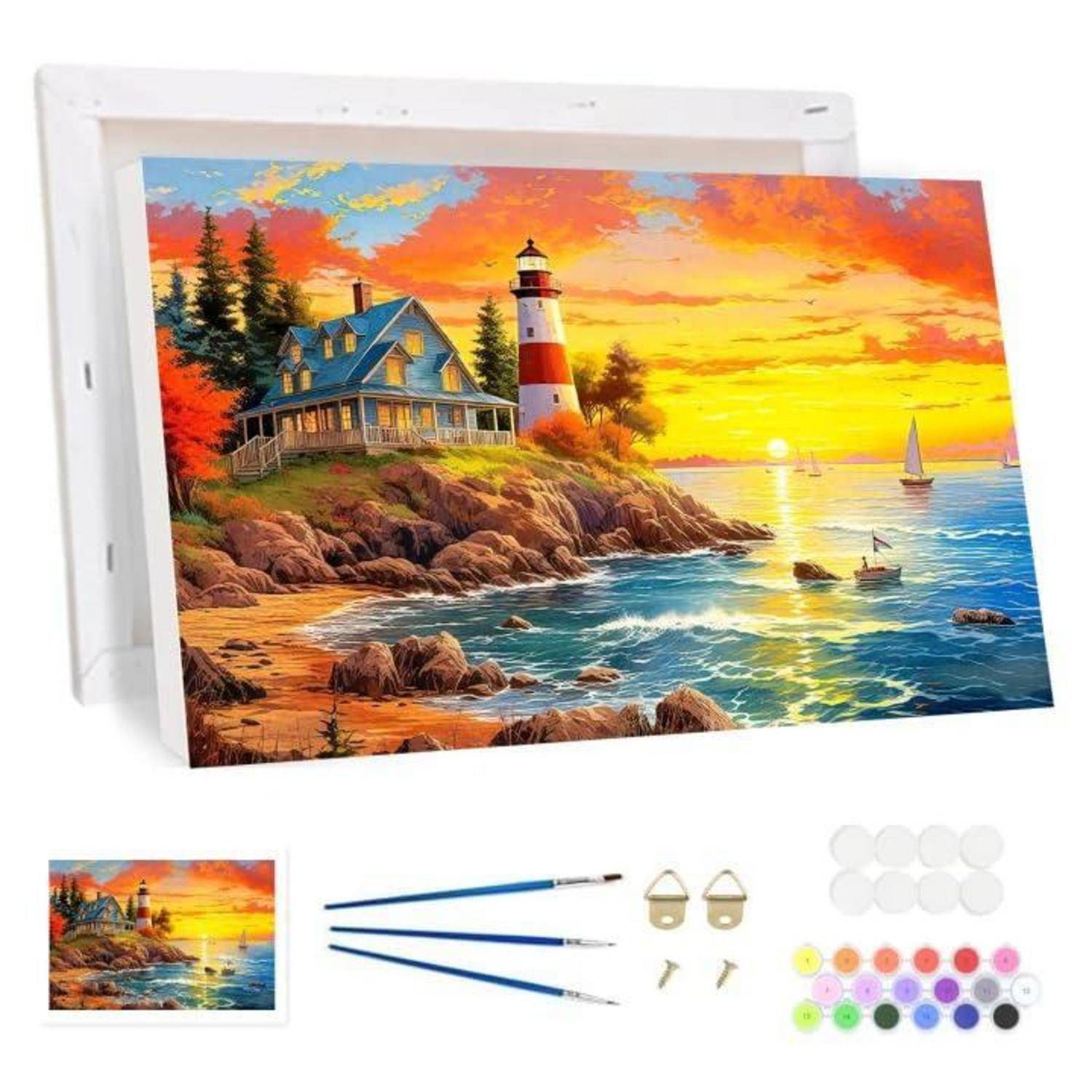 Malen-nach-Zahlen-Set mit einem Leuchtturm und einem Meeressonnenuntergang-Motiv, bestehend aus Leinwand, drei Pinseln, Aufhängehardware und Farbdosen.