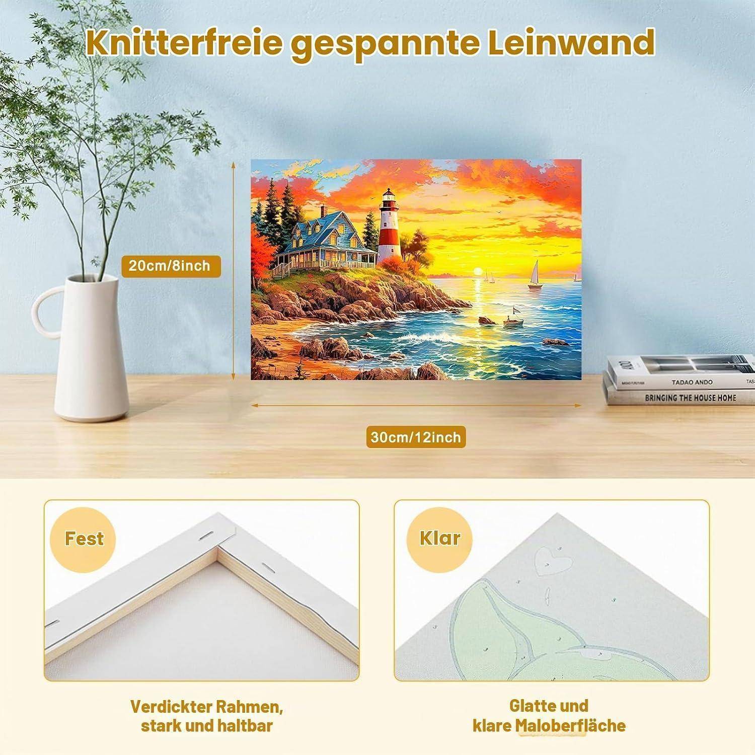 BOWETILE Leuchtturm mit Blumen am Strand Malen nach Zahlen für Erwachsene mit Rahmen, Zahlenmalerei Set für Anfänger Leinwand Kit, DIY Gemälde Bas