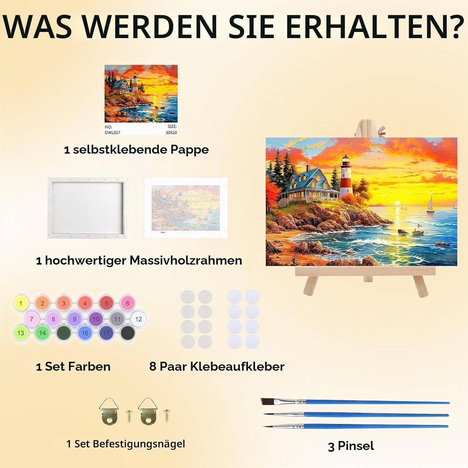 Produktinhalt für ein Malen-nach-Zahlen-Set: selbstklebendes Malleinen, Holzrahmen aus Vollholz, Farbset, 8 Paar Aufkleber, Befestigungsnägel und 3 Pinsel, gezeigt mit einem fertig gestellten Leuchtturm-Gemälde.