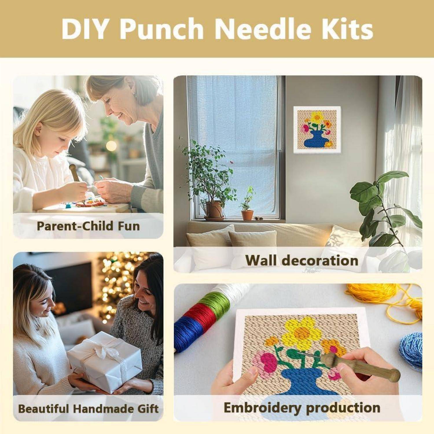 Werbe-Collage für DIY-Punch-Needle-Kits, die zeigt: Spaß zwischen Eltern und Kind, Wanddekoration, handgefertigtes Geschenk und Stickerei-Produktion mit beispielhaften Handwerk-Szenen.