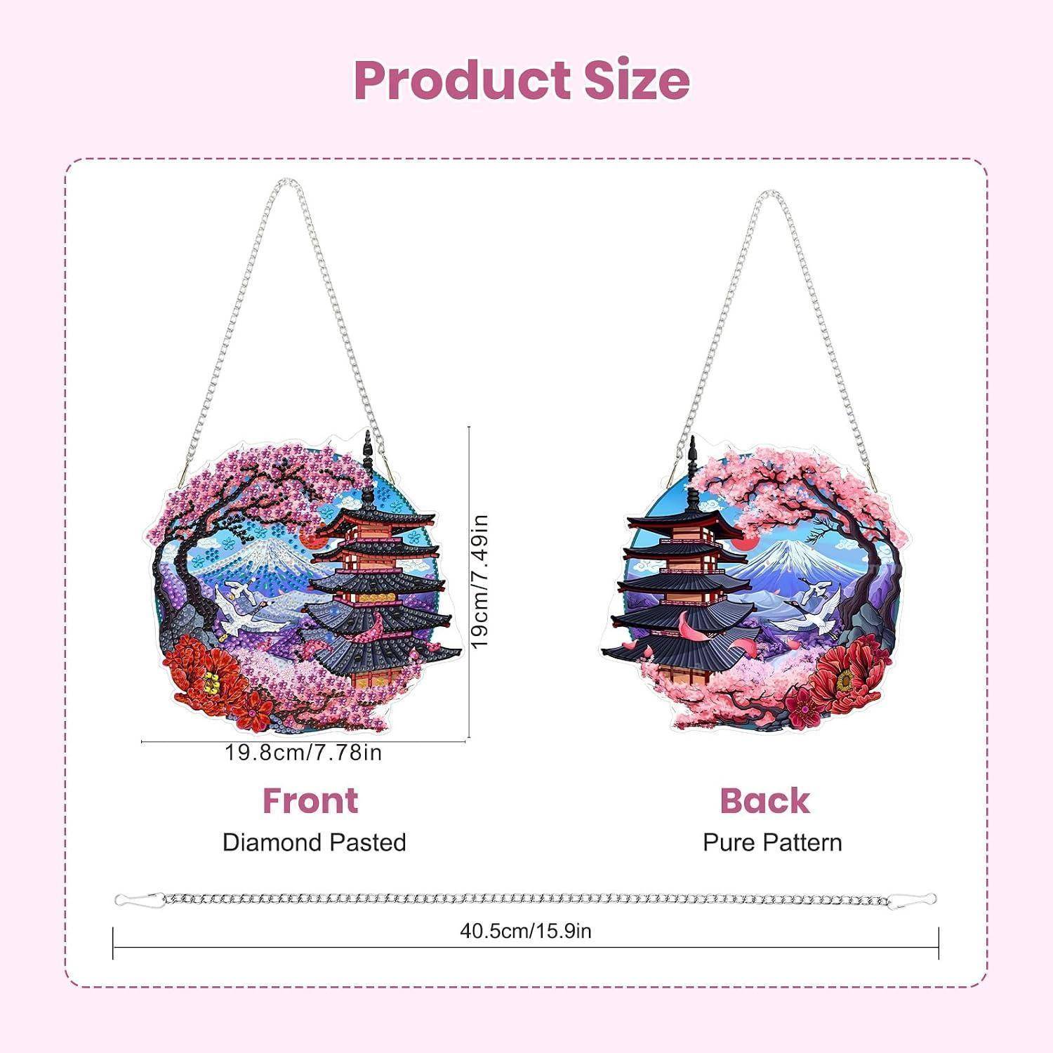 Produktgrößendiagramm einer runden Schultertasche: 19 cm hoch, 19,8 cm breit, mit einem 40,5 cm langen Riemen; Vorder- und Rückansicht dargestellt.