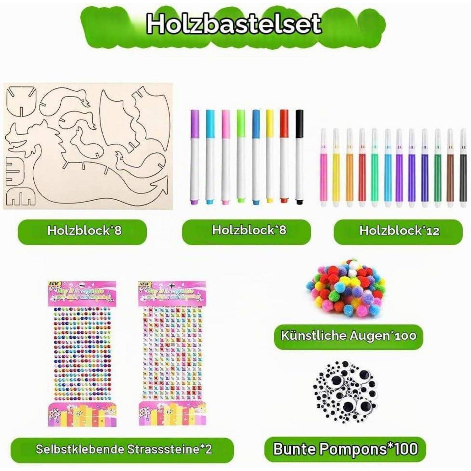 Sortiertes Bastelset mit der Bezeichnung "Holzbastelset"" mit Holzblöcken, 8 und 12 Stiften, 200 selbstklebenden Strass-Steinen, 100 künstlichen Augen und 100 bunten Pompons.