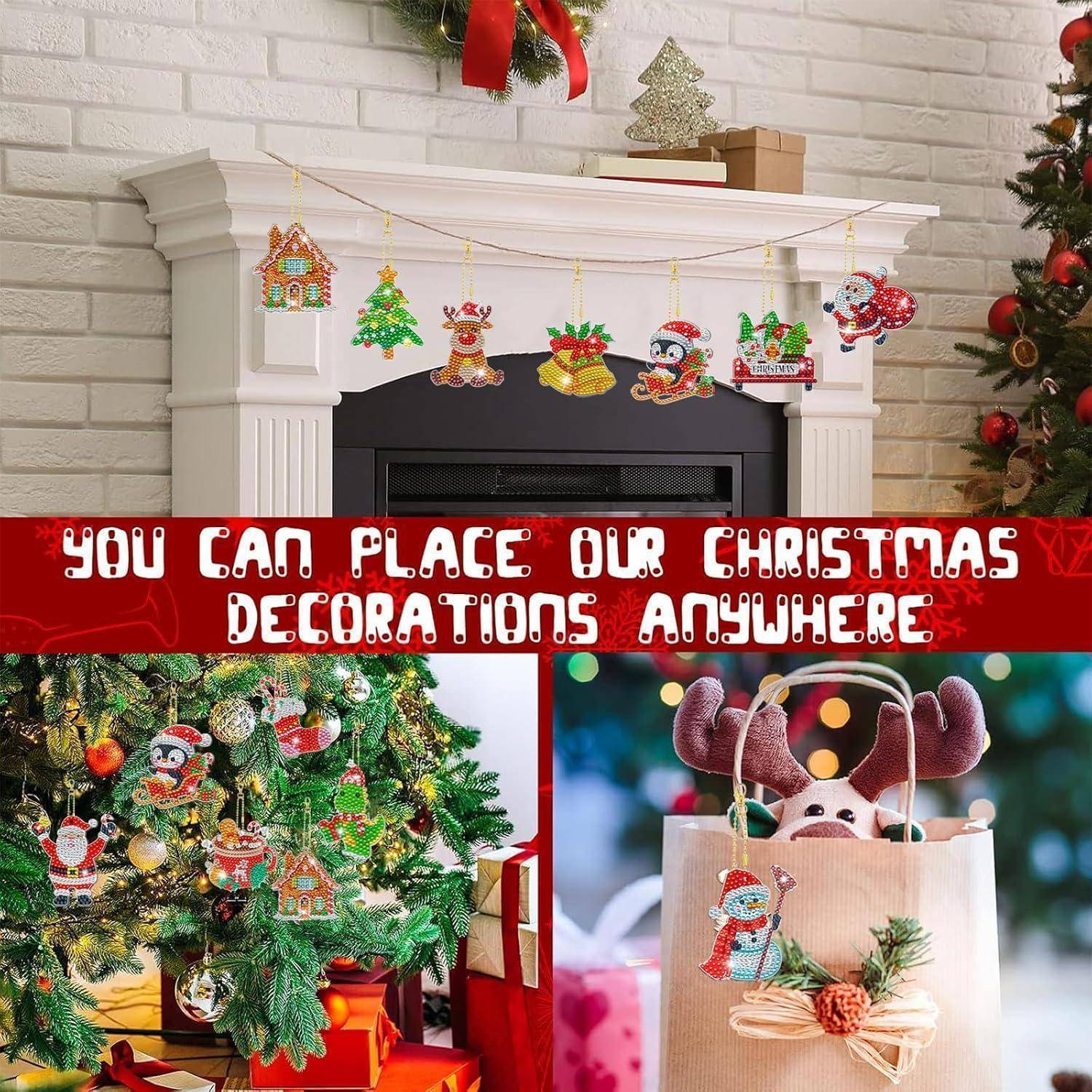 Weihnachtsdekorationen auf einem Kaminsims, einem Baum und einer Geschenktasche dargestellt, mit Text, der besagt: "SIE KÖNNEN UNSERE WEIHNACHTSDEKORATION ÜBERALL ANBRINGEN"".