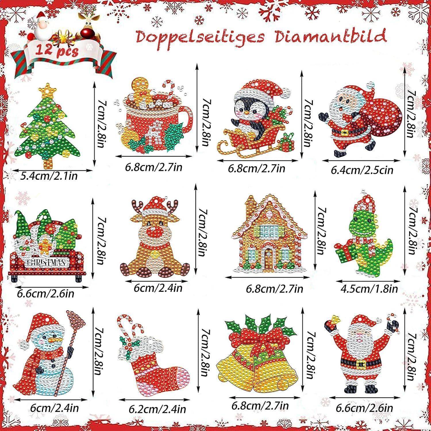 Weihnachts-Diamantmalerei-Set mit 12 beidseitig bedruckten Designs: Baum, Geschenk, Pinguin, Weihnachtsmann, Bank, Rentier, Haus, Stechpalme, Schneemann, Strumpf, Glocken und Weihnachtsmann. Die Größen sind in cm/Zoll gekennzeichnet.