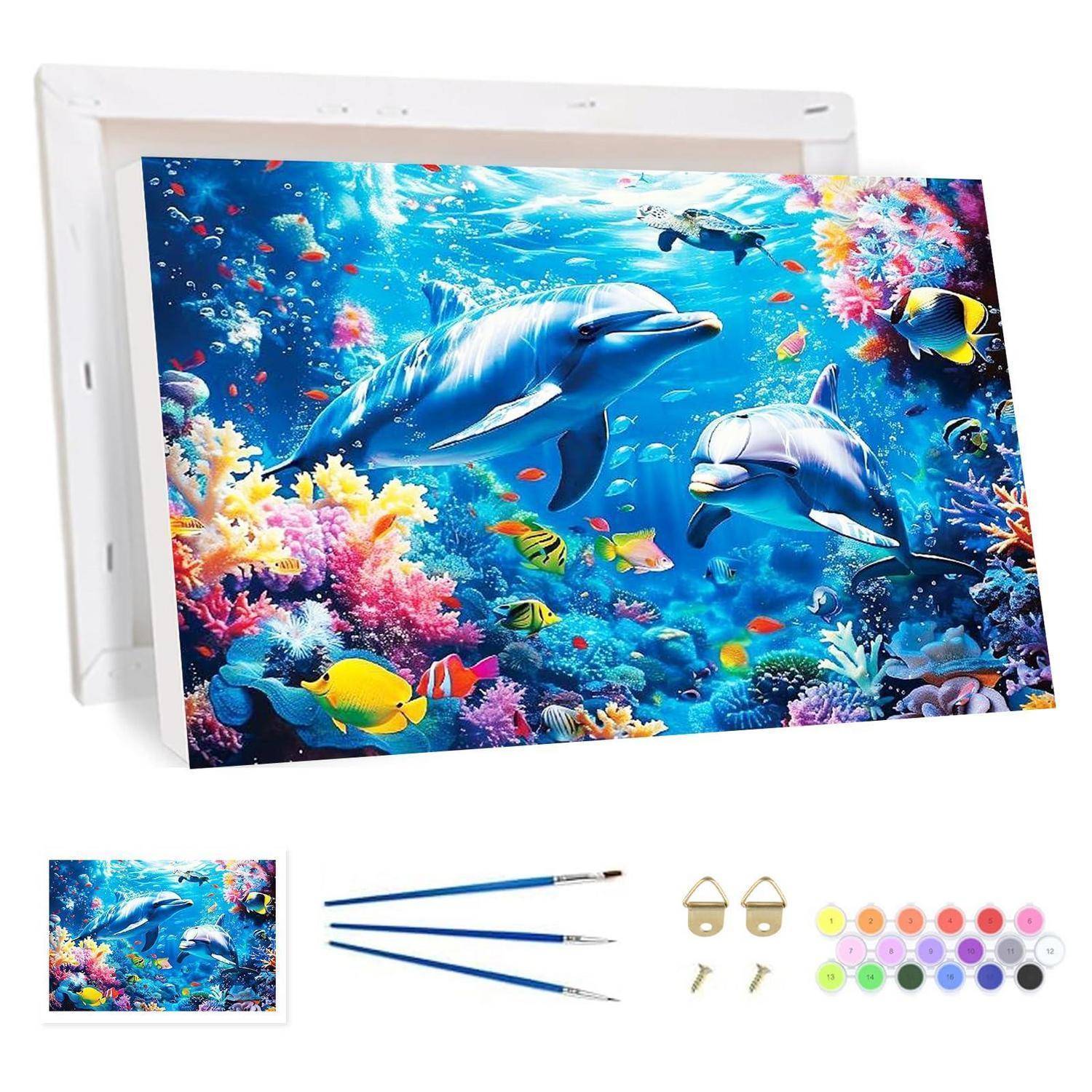 Leinwand-Diamantmalerei-Set mit bunter Unterwasserszenerie mit Delfinen und tropischen Fischen, Plus Pinsel, Aufhängehardware und enthaltene Perlenfarben