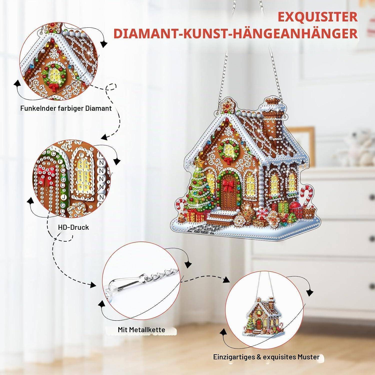 Bowetile Diamond Painting Anhänger Weihnachtshaus, Weihnachten Diamond Painting Fensterbilder für Erwachsene, Kinder Hängende Ornament Motive Baste