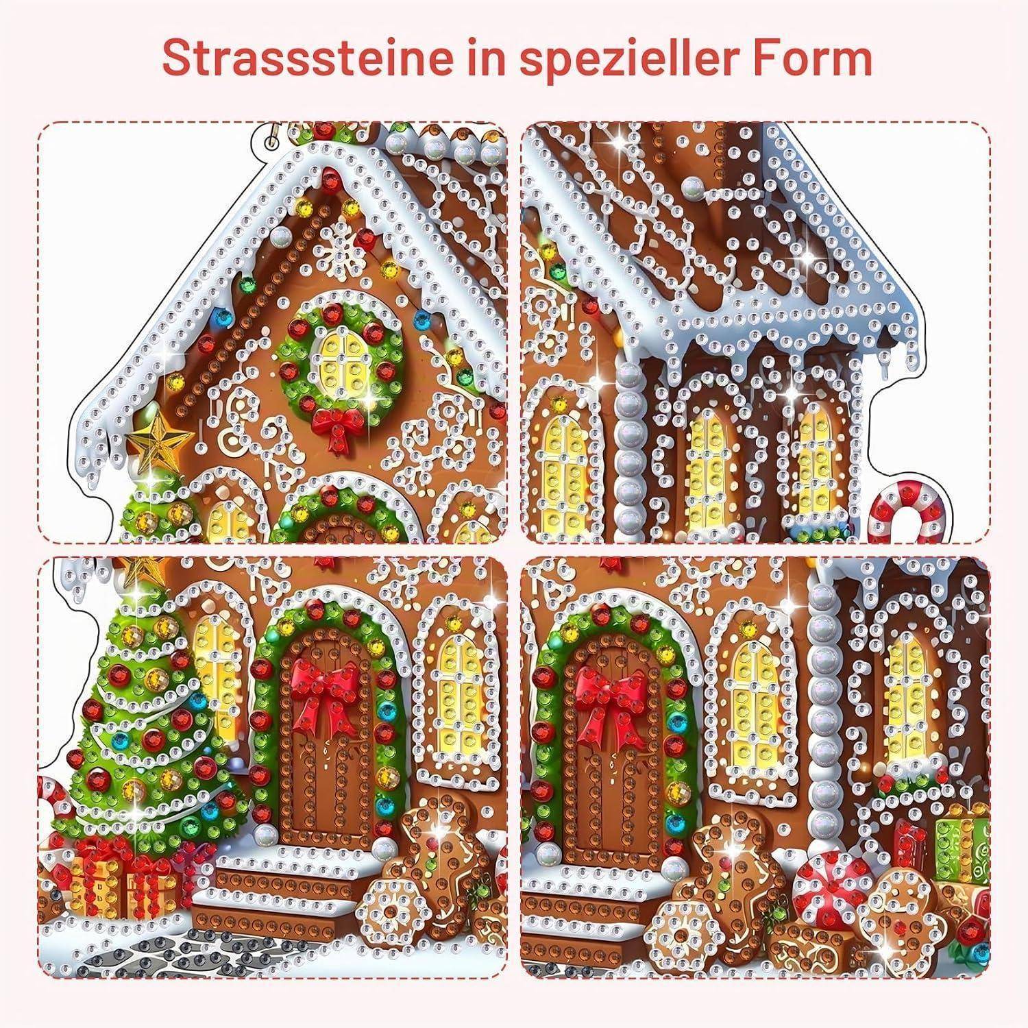 Collage aus vier Lebkuchenhausdesigns aus speziell geformten Steinen, zeigt dekorierte Dächer, Fenster, Türen und Weihnachtsornamente.