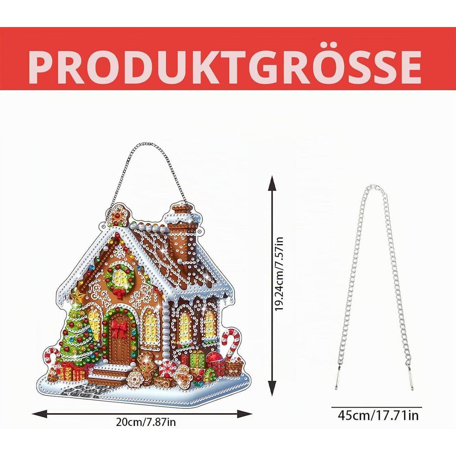 Produktgrößen-Diagramm für eine Lebkuchenhausdekoration: 20 cm breit und 19,24 cm hoch, mit einer Kettenlänge von 45 cm, die auf der rechten Seite dargestellt ist.