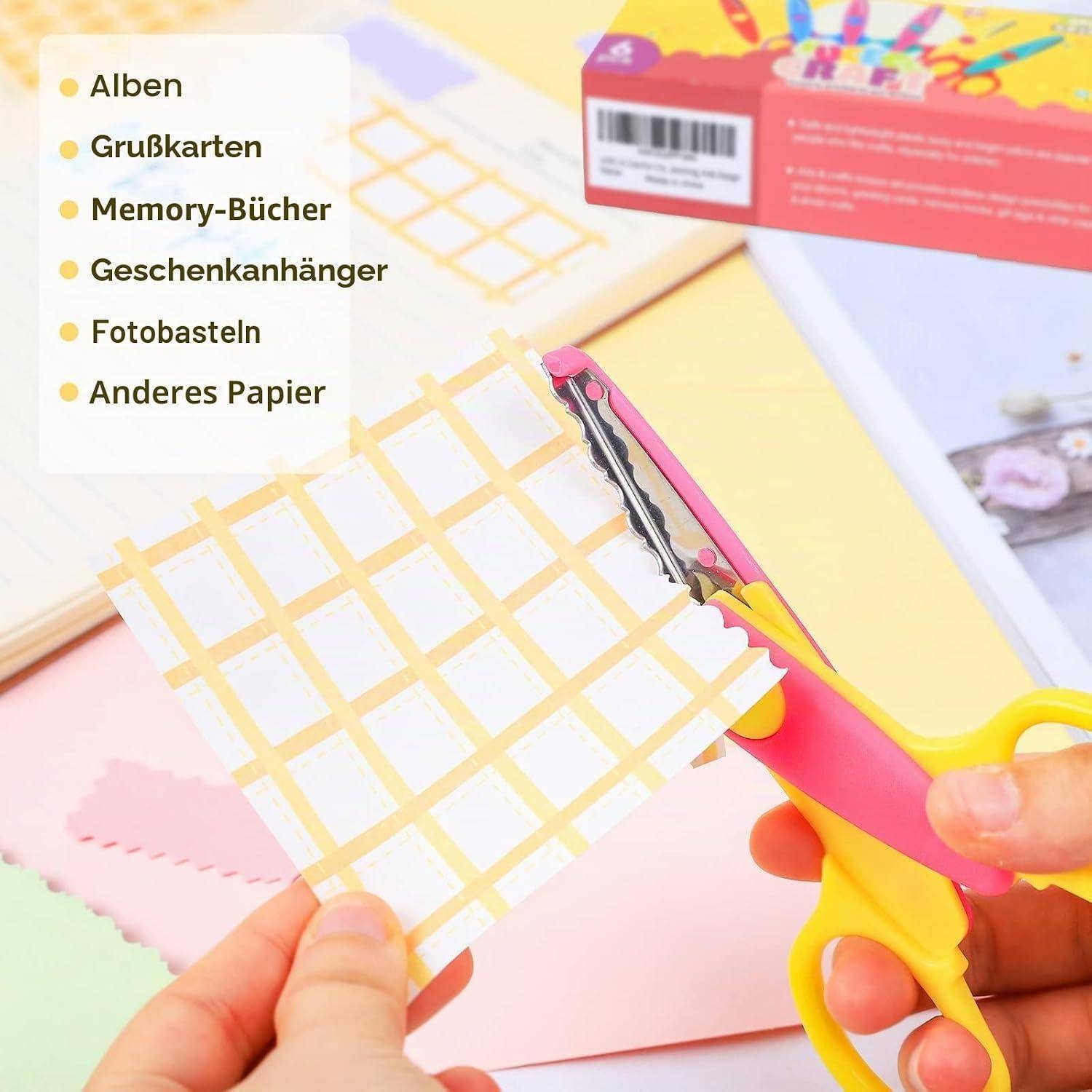 Hände schneiden gemustertes Papier mit rosa-gelben Zackenscheren; Deutsche Liste zeigt Verwendungsmöglichkeiten wie Alben, Grußkarten, Erinnerungsbücher, Geschenkanhänger, Fotokünsteleien und anderes Papier.