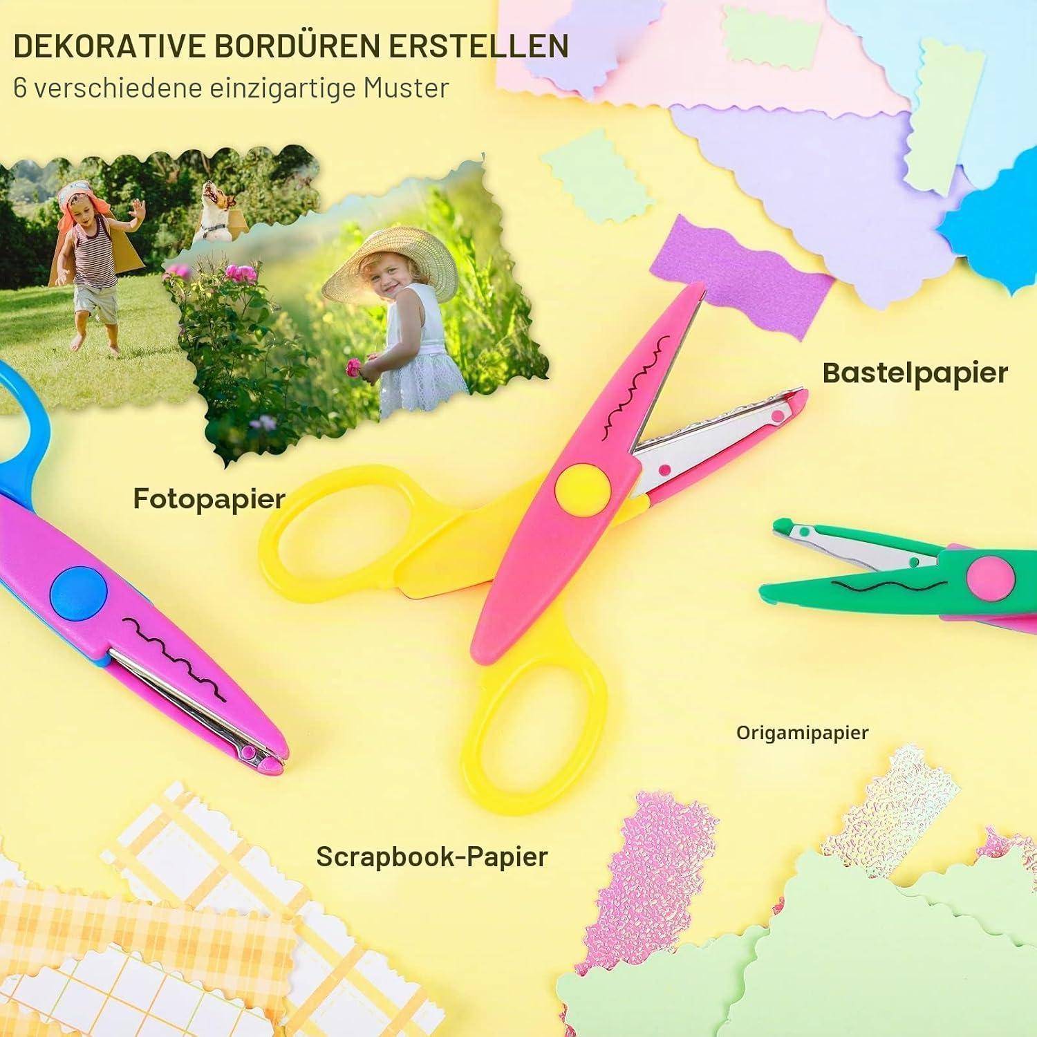 Werbebild für die Herstellung dekorativer Bordüren, das farbige Bastelscheren und Papiertypen zeigt, die mit 