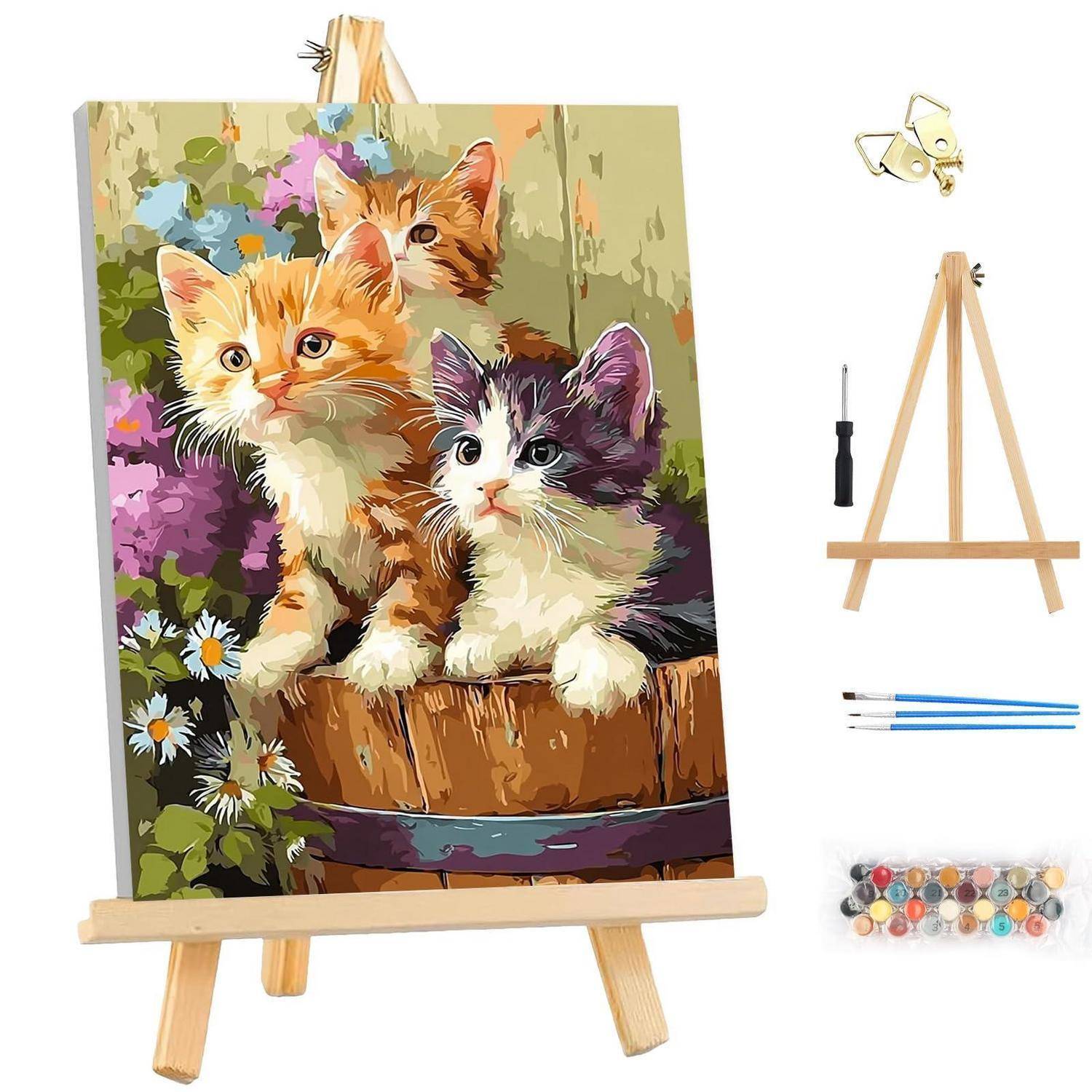 Malen-nach-Zahlen-Set mit einem fertigen Katzenbild auf einer Staffelei, plus eine kleine Staffelei, Werkzeug, Pinsel und Farbdosen im Lieferumfang enthalten.