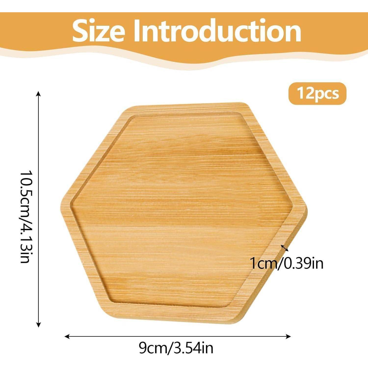 Sechseckiger Bambus-Tellerleitfaden mit einer Höhe von 10,5 cm, einer Breite von 9 cm und einer Dicke von 1 cm; 12 Stück enthalten.