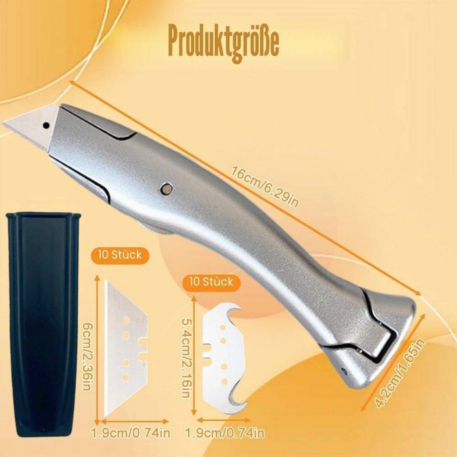 Diagramm der Produktgröße eines Universalmessers mit einem silbernen ausfahrbaren Schneidwerkzeug, 16 cm lang und 4,2 cm breit, mit 10 Ersatzklingen und einem Klingenetui.