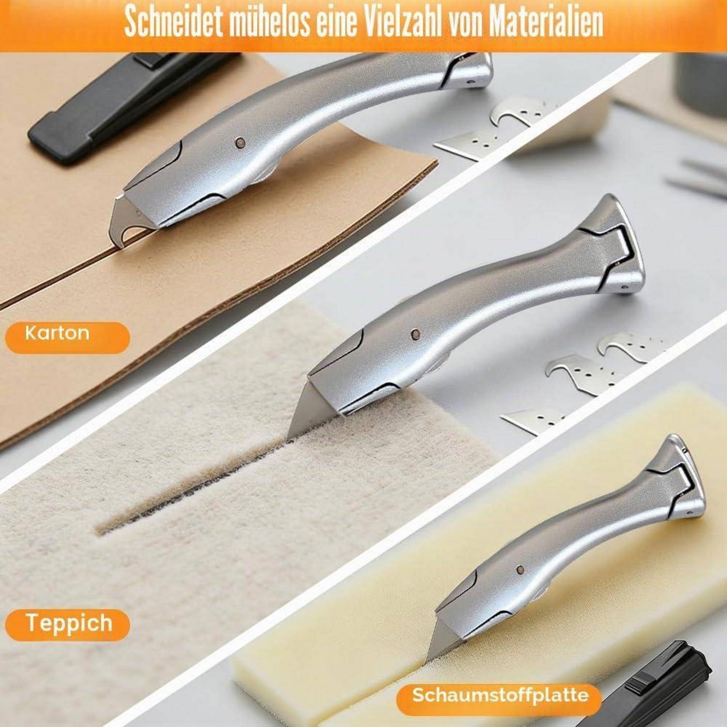 Dreiteiliges Produktbild zeigt einen tragbaren Schneider, der Karton, Teppich und Schaumstoffplatte schneidet; deutscher Text besagt, dass er viele Materialien schneidet.
