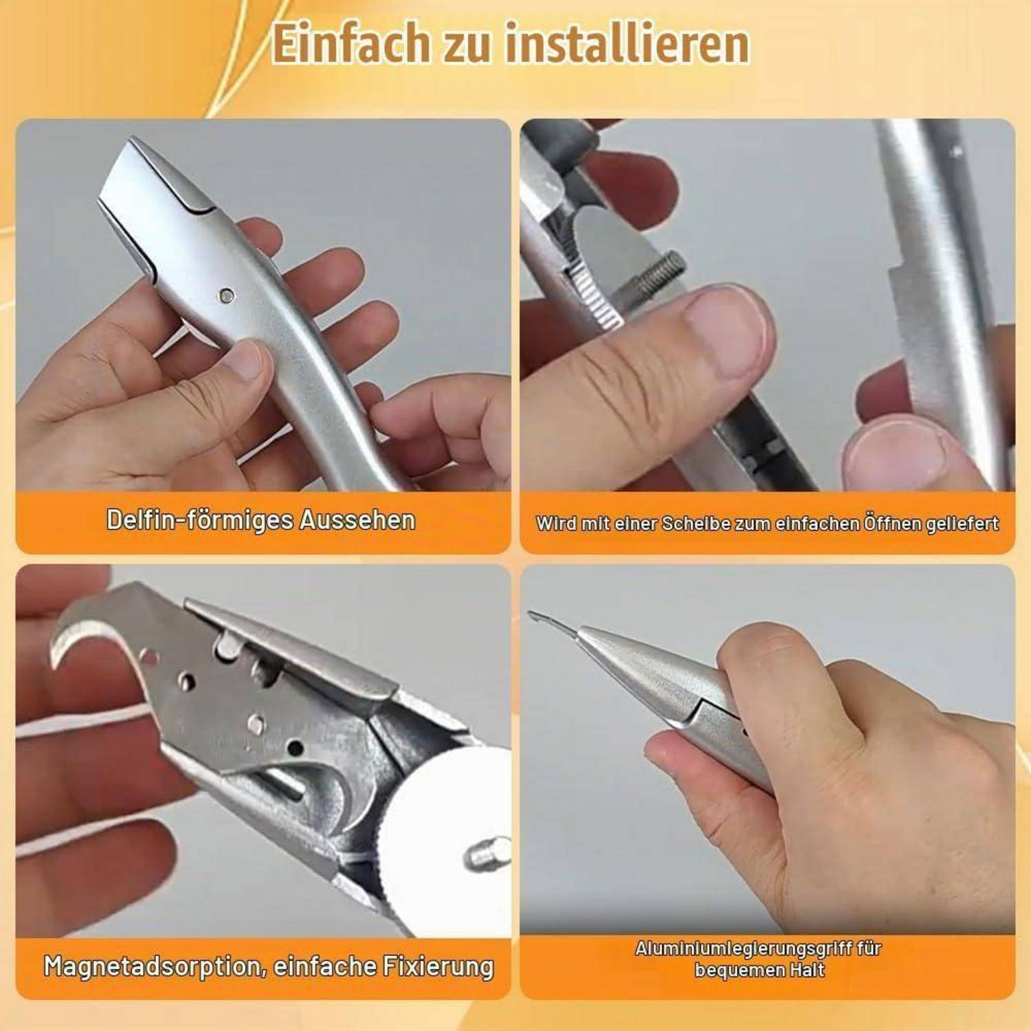 Vierteiliges Produktbild, das ein silbernes, delphinförmiges Metallwerkzeug in der Hand zeigt, mit deutschen Beschriftungen, die einfache Installation, magnetische Befestigung und einen komfortablen Griff aus Aluminium-Legierung hervorheben.