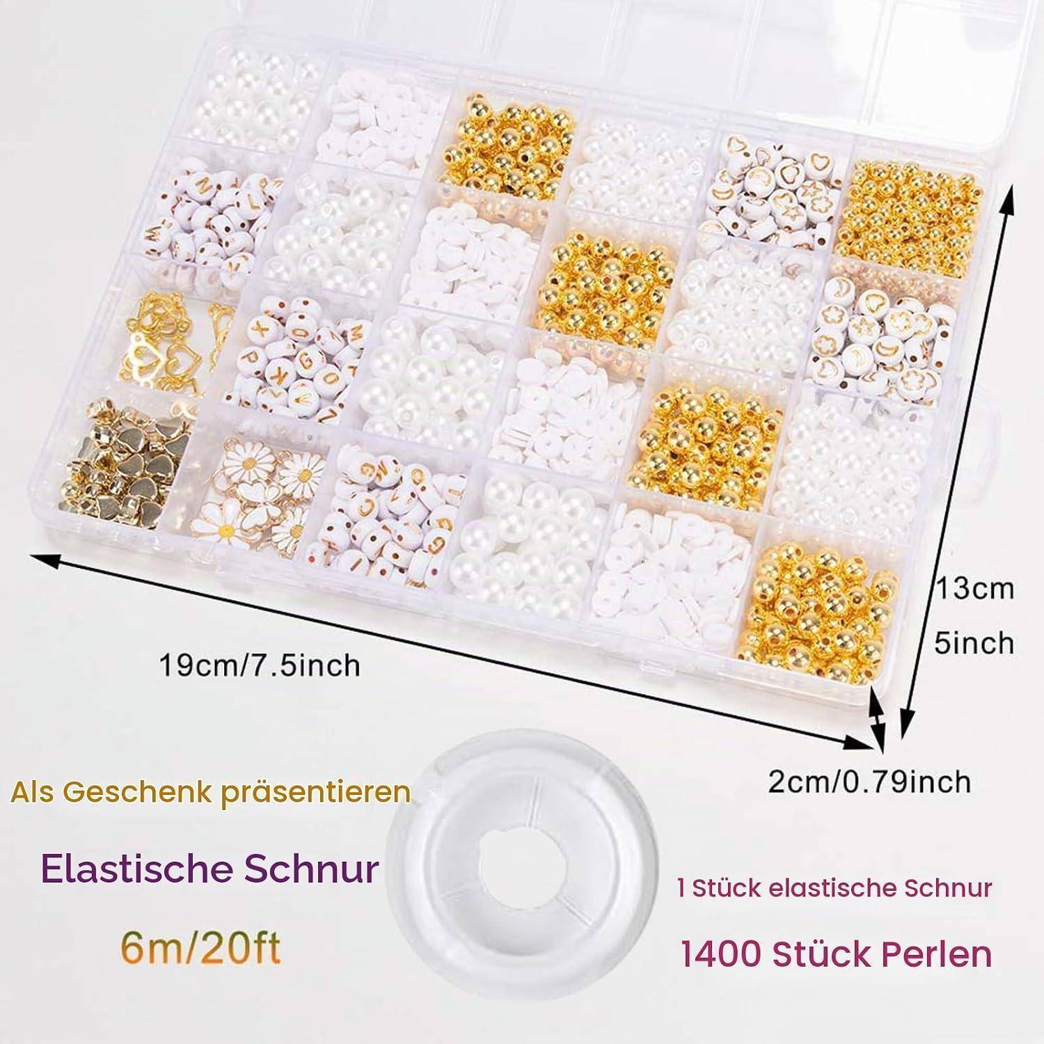 Perlenorganizer-Set mit Fächern aus weißen und goldenen Perlen, Spule mit elastischem Schnur und Abmessungen 19 cm x 13 cm x 2 cm; Text besagt „1400 Stück Perlen" und „6m/20ft"".