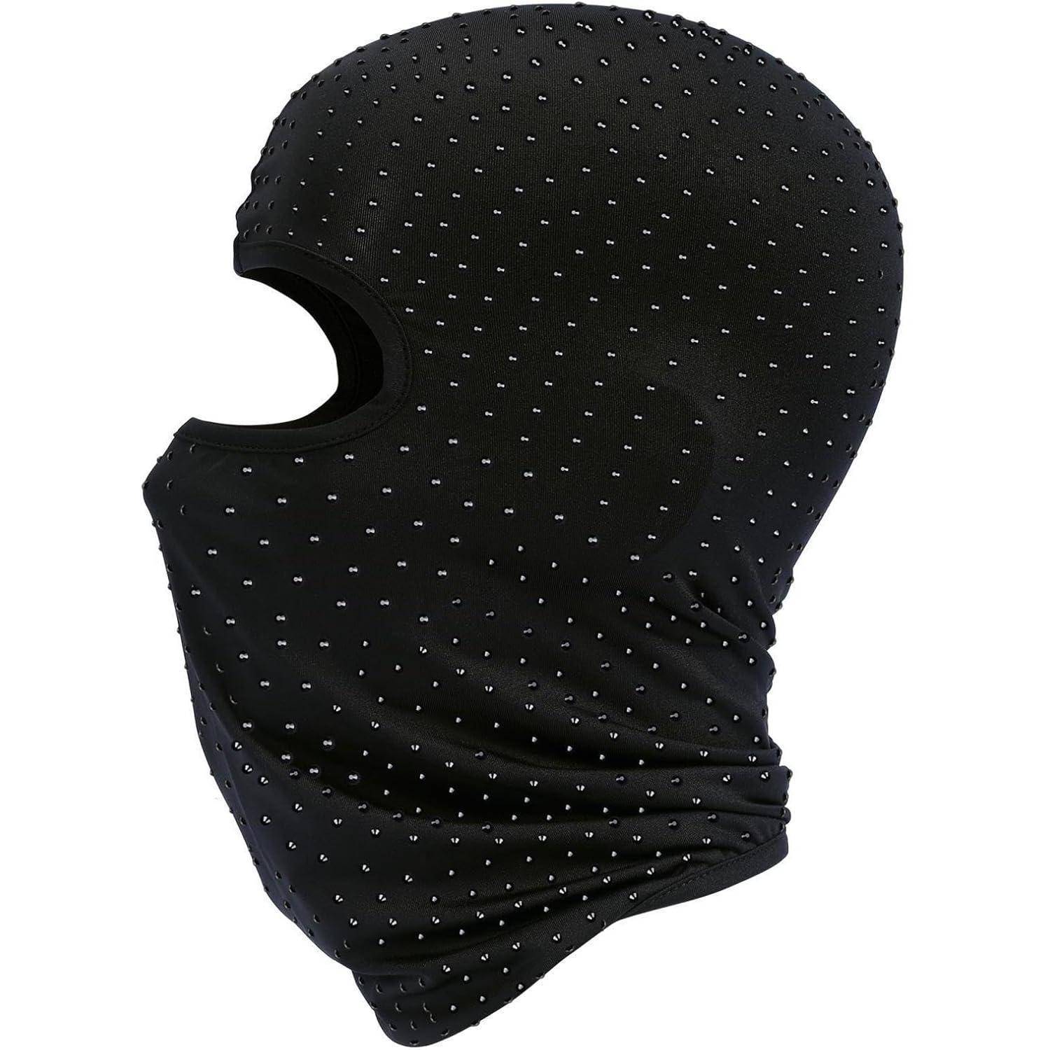 Schwarze Skimaske mit Wollstoff und einem einzelnen Augenloch mit gepunkteter Musterung, die Kopf und Nacken bedeckt.