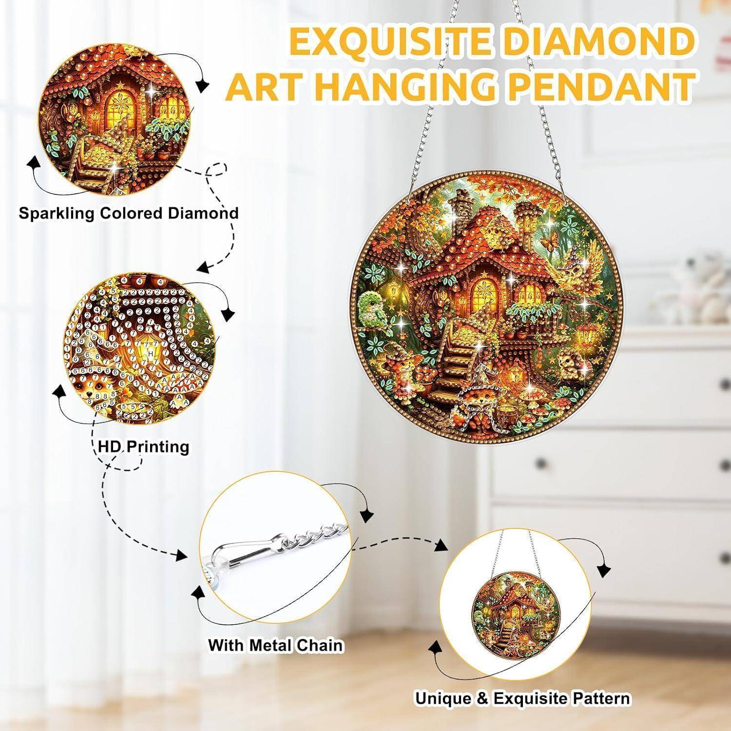 Werbebild eines runden Diamant-Kunstanhängers mit buntem Haus- und Blumendesign, gezeigt mit Metallkette und Funktionshinweisen.