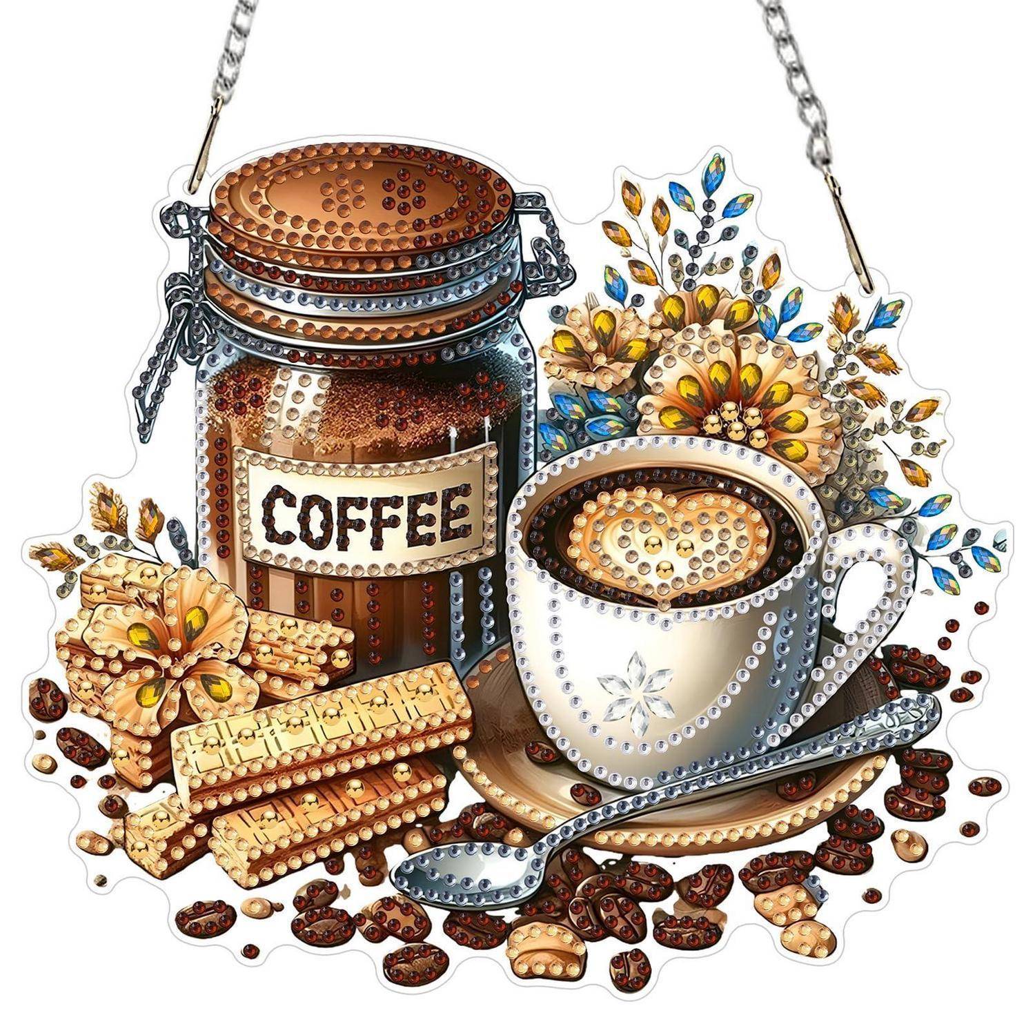 Dekorative Kaffee-Illustration mit einem beschrifteten Glas Kaffee, einer Tasse, Keksen und verstreuten Kaffeebohnen und Blumen.