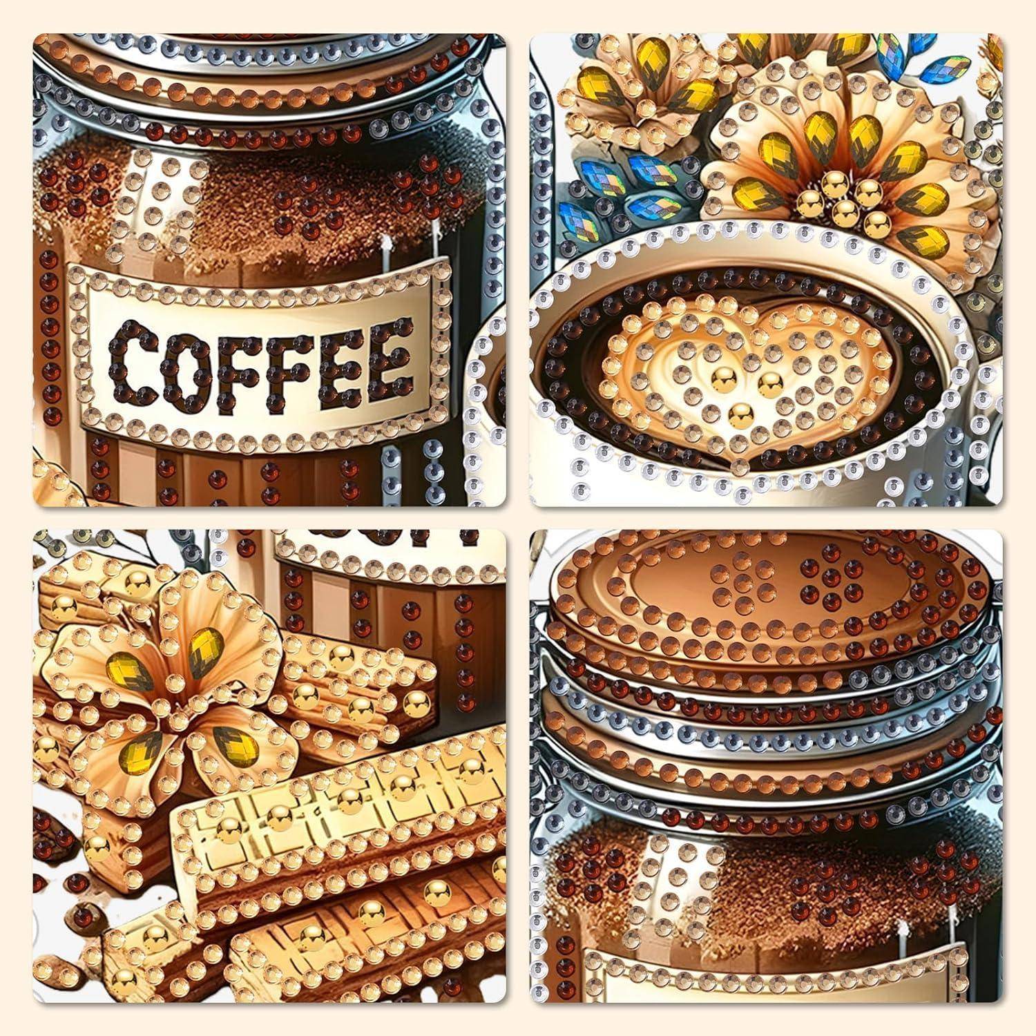 Collage aus Kaffeedose und dekorativen blumigen Schmuckelementen in Gold-, Bronze- und Silbertönen, mit einem Etikett mit der Aufschrift „COFFEE