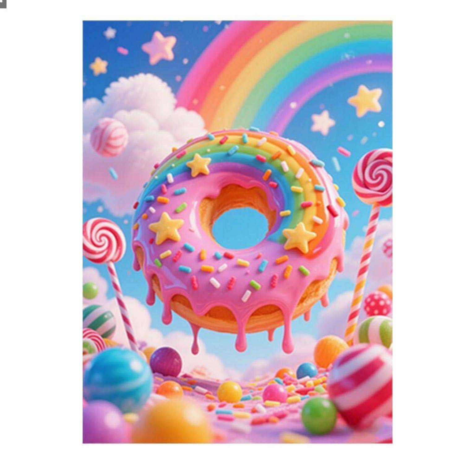 Ein rosafarbig glasierter Donut mit Regenbogenstreuseln schwebt in einer Märchenwelt-Szene mit Lutscher, Sternen, Wolken und einem Regenbogenhimmel.