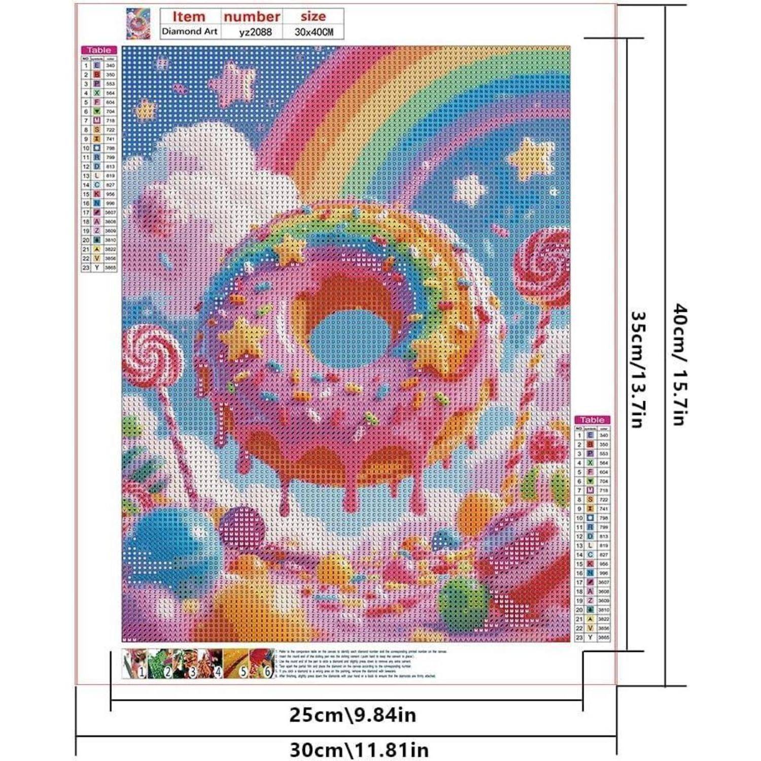 Buntes Diamantmalerei-Muster eines Regenbogen-Donuts mit Wolken, Sternen und Süßigkeiten, mit Größenangaben und Symbolschlüssel.