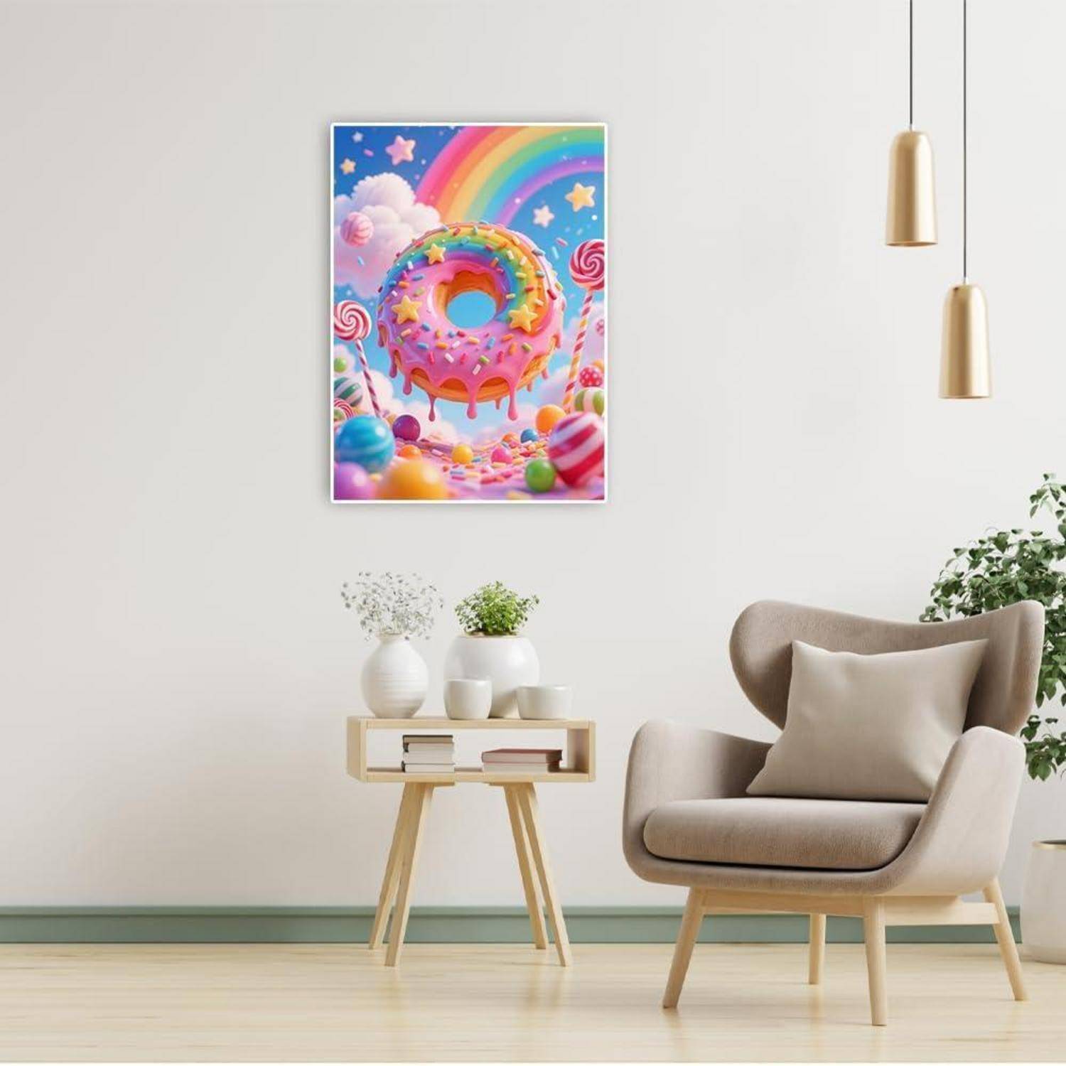 Ein buntes Süßigkeiten-Poster mit einem Regenbogen-Donut hängt an einer weißen Wand über einem beigen Sessel, einem Beistelltisch und Pendelleuchten.