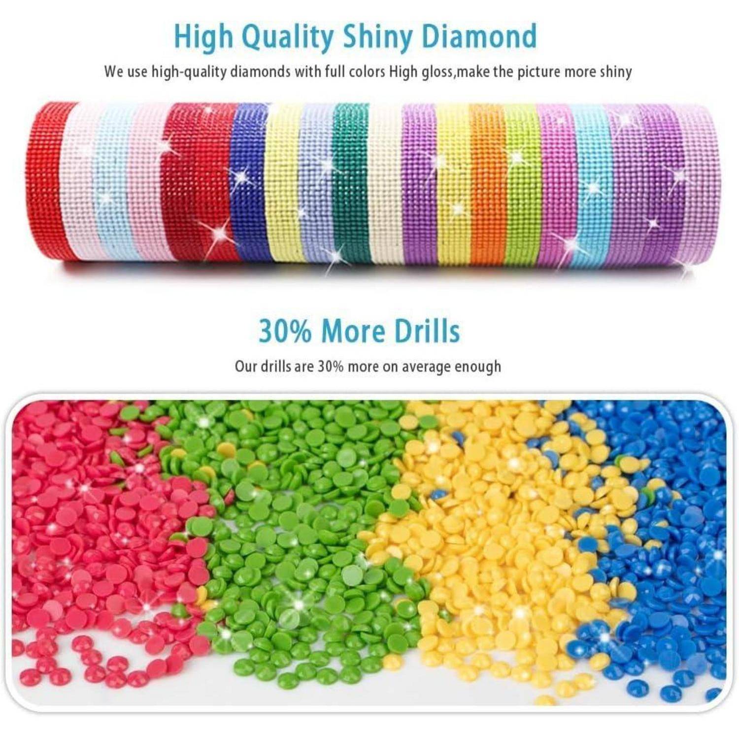 Werbegrafikabbildung von bunten Diamantbohrerperlen, mit dem Titel „High Quality Shiny Diamond