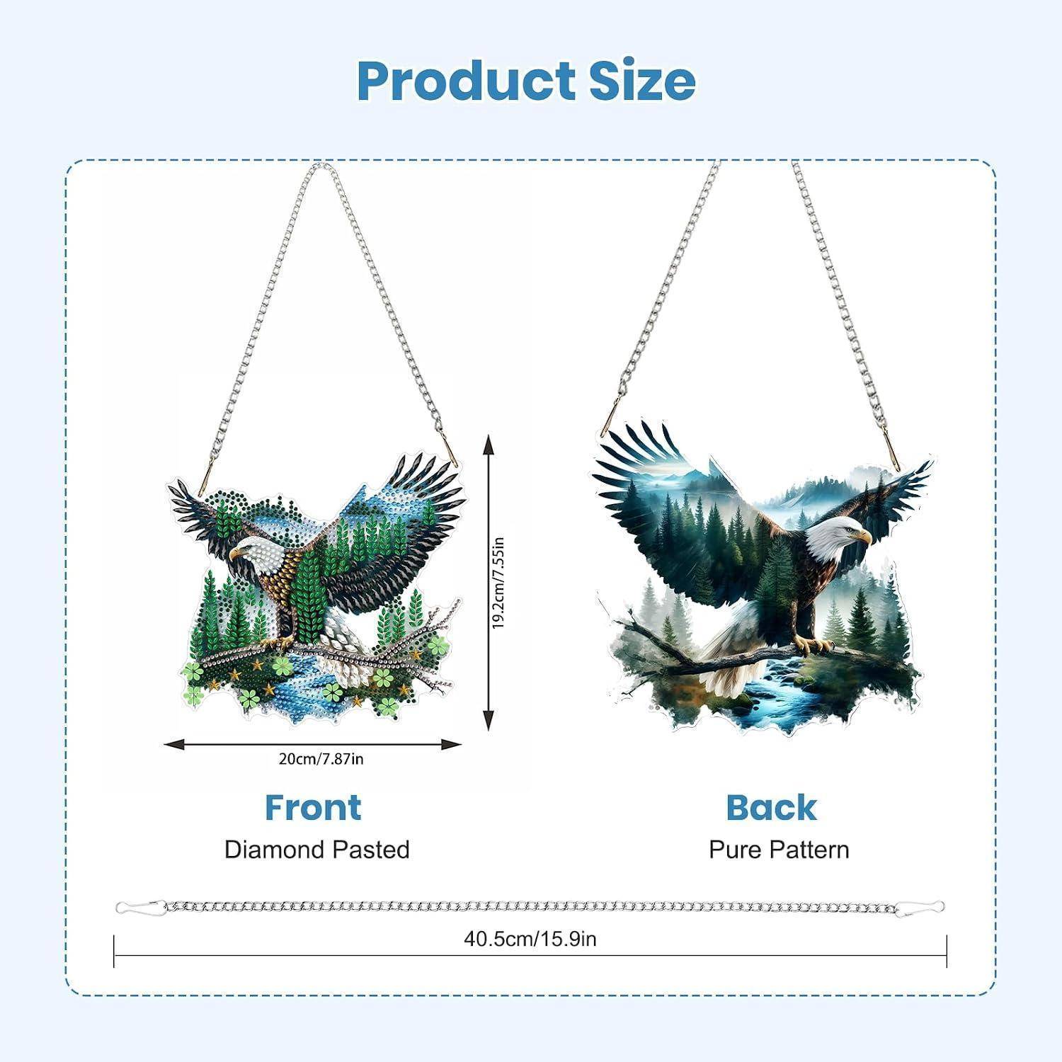 Größendiagramm für eine Pendelhalkette mit Adlerdesigns auf Vorder- und Rückseite; Anhänger misst 20 cm breit mal 19,2 cm hoch, Kettenlänge 40,5 cm.