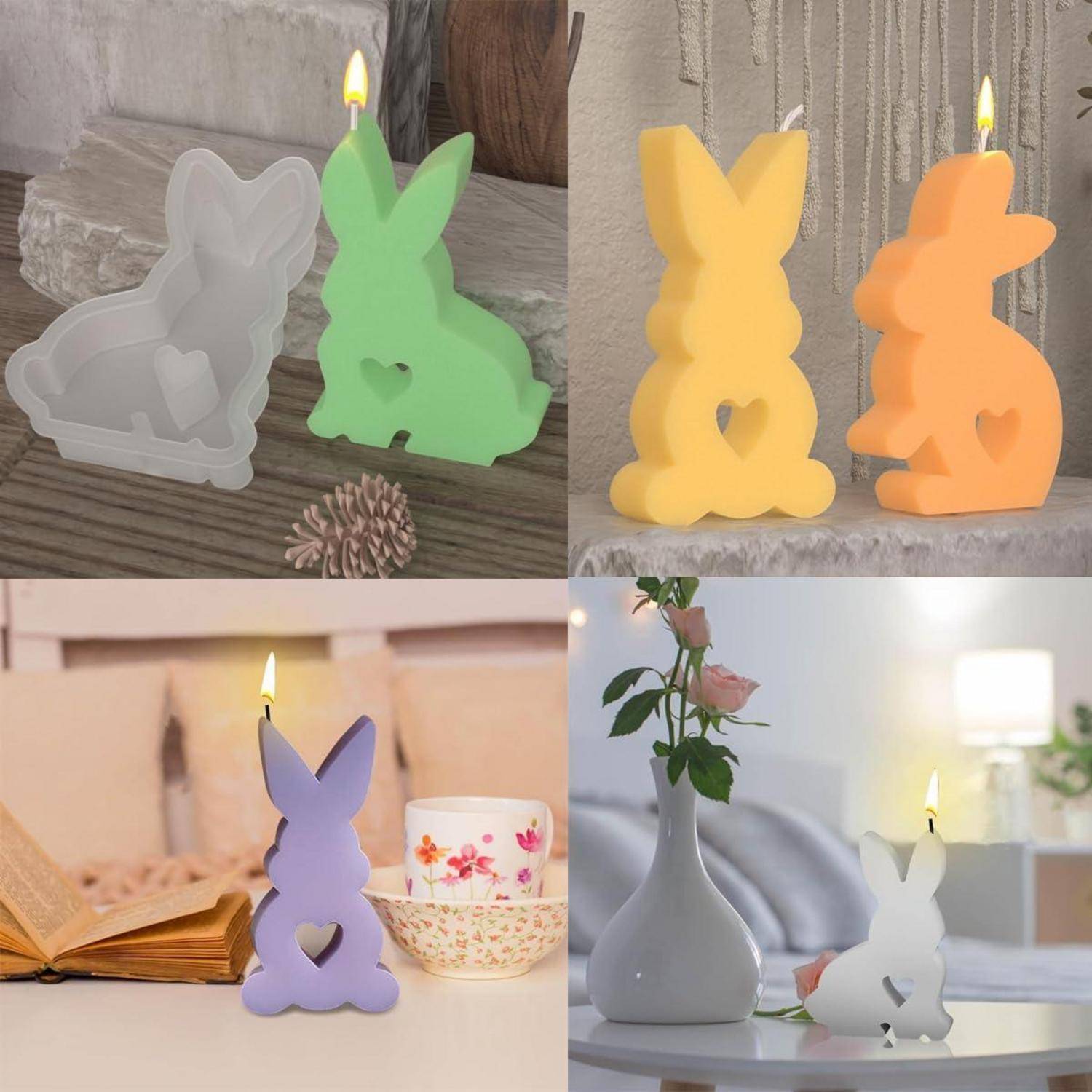 Vier kaninchen-förmige Kerzen in Pastellfarben und Weiß, einige angezündet, als dekorative Wohnzimmeraccessoires in verschiedenen Raumeinstellungen präsentiert.