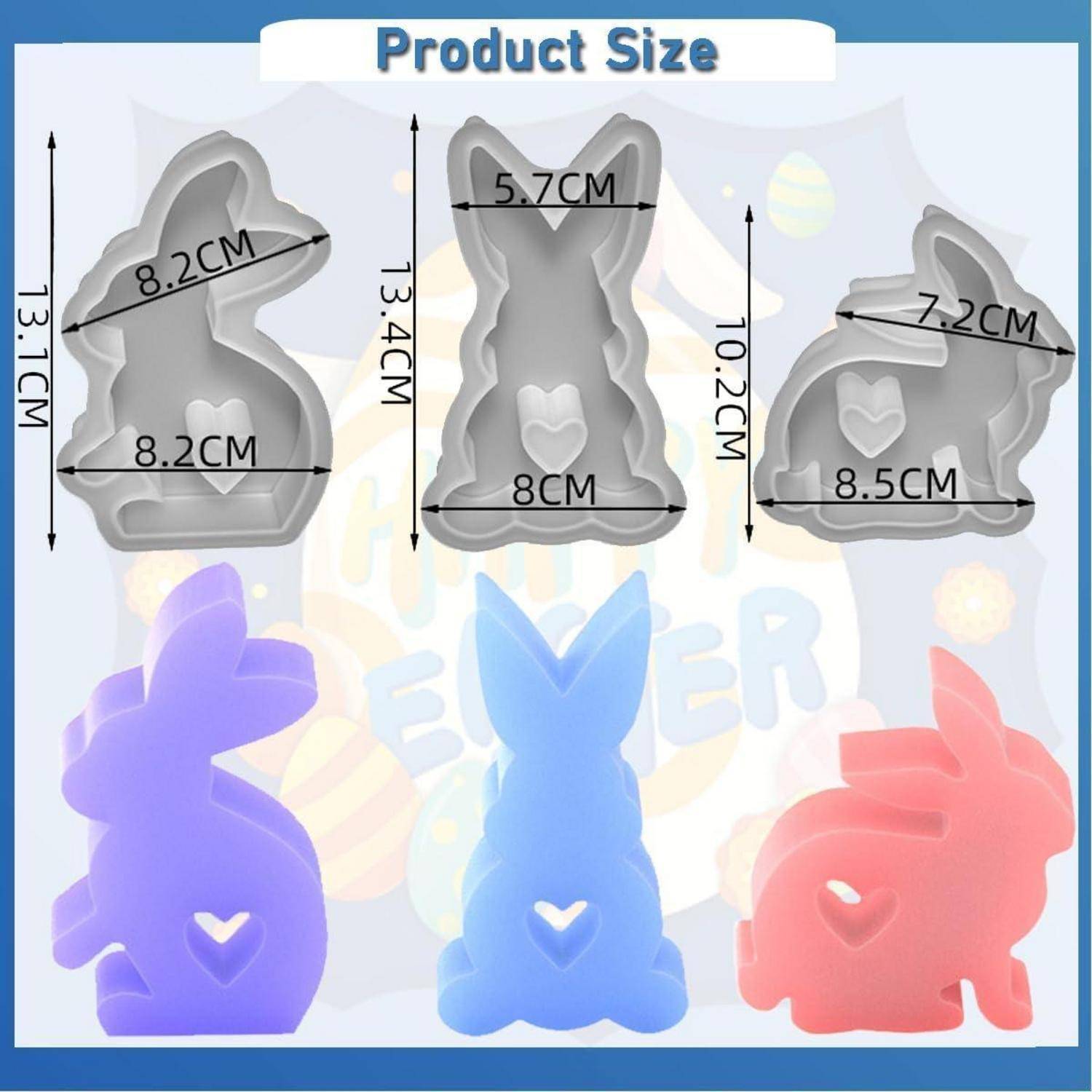 Produktgrößentabelle mit drei kaninchenförmigen Artikeln und Messwerten: 13,1 x 8,2 cm, 13,4 x 8 cm und 10,2 x 8,5 cm, sowie obere Breiten von 8,2 cm, 5,7 cm und 7,2 cm.