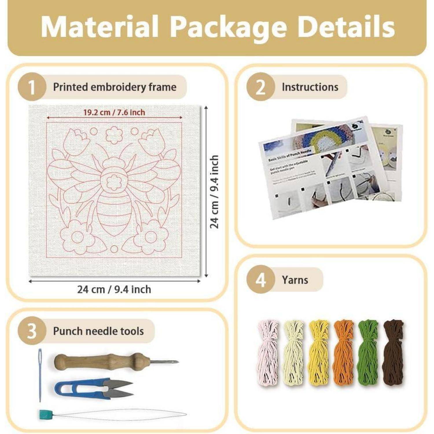 Materialpaket-Details mit enthaltenen Artikeln: bedruckter Stickrahmen, Anleitung, Punch-Needle-Werkzeuge und Garne, mit Größenetiketten für den Rahmen.