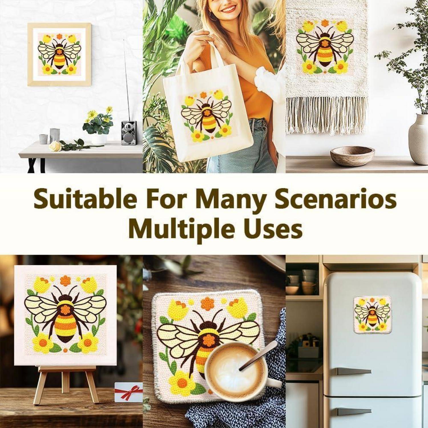Werbekollagen zeigen ein Bienen- und Blumenmotiv auf Wandkunst, Tragetasche, Untersetzer und Kühlschrankmagnet, mit dem Text „Für viele Szenarien geeignet Mehrfachverwendung