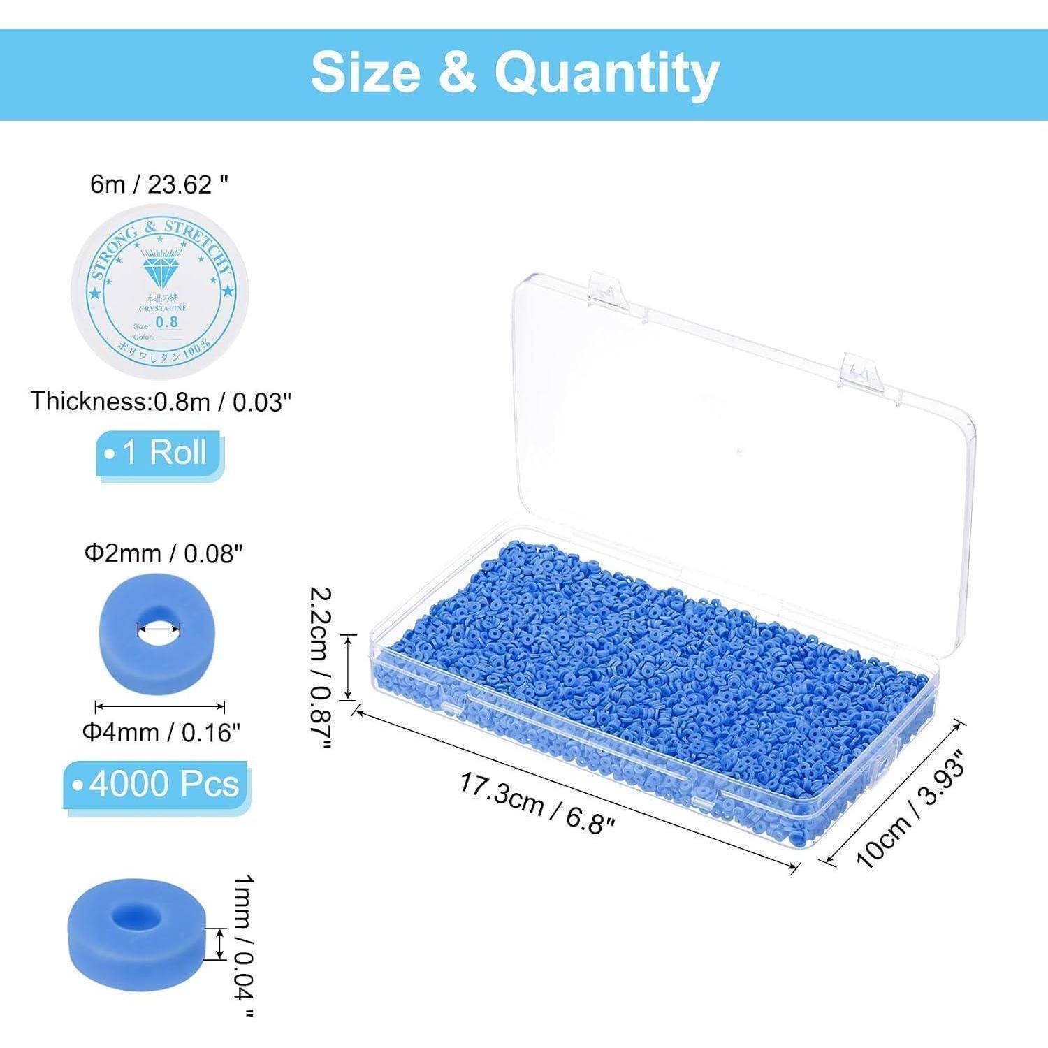 Größen- und Mengendiagramm, das eine Rolle mit 0,8 mm dicken blauen Perlen, 4000 Stück, zeigt, mit beschrifteten Perlengröße und Schachteldimensionen in Zentimetern und Zoll.