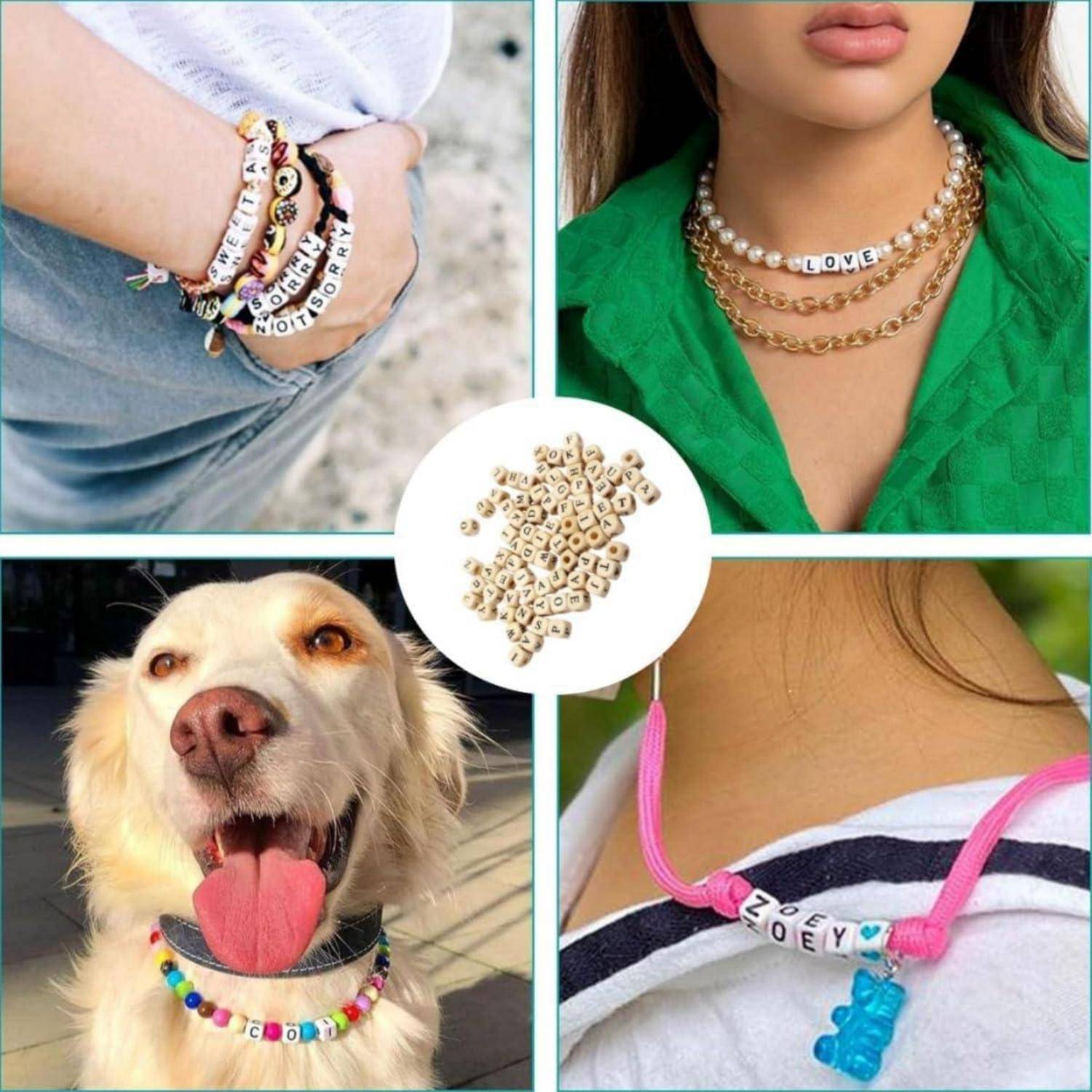 Collage aus buntem Perlenschmuck: Armbänder und Halsketten aus Buchstabenpelzeln, einschließlich einer 